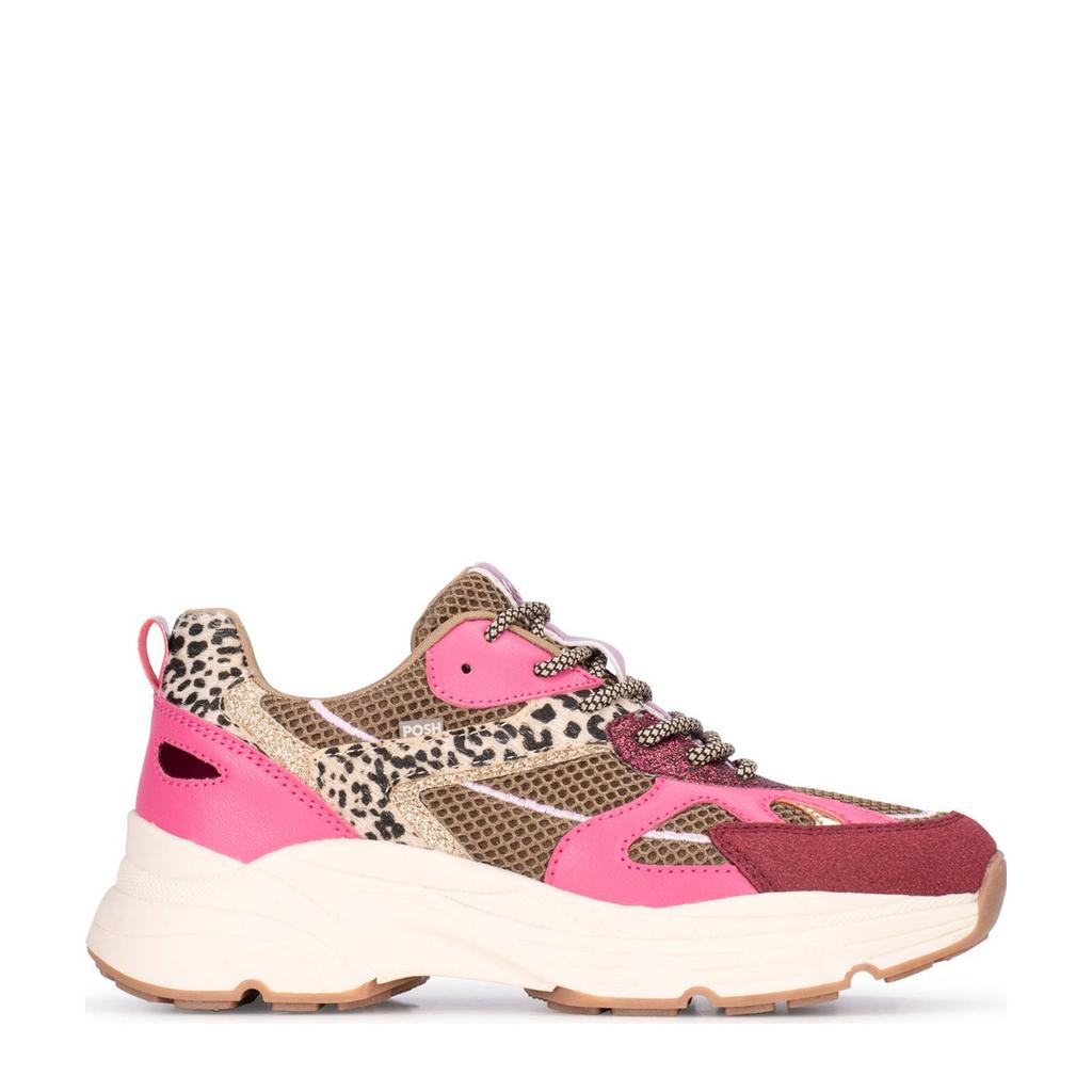 Roze en taupe dames POSH by Poelman Ayoki chunky sneakers van synthetisch materiaal met veters