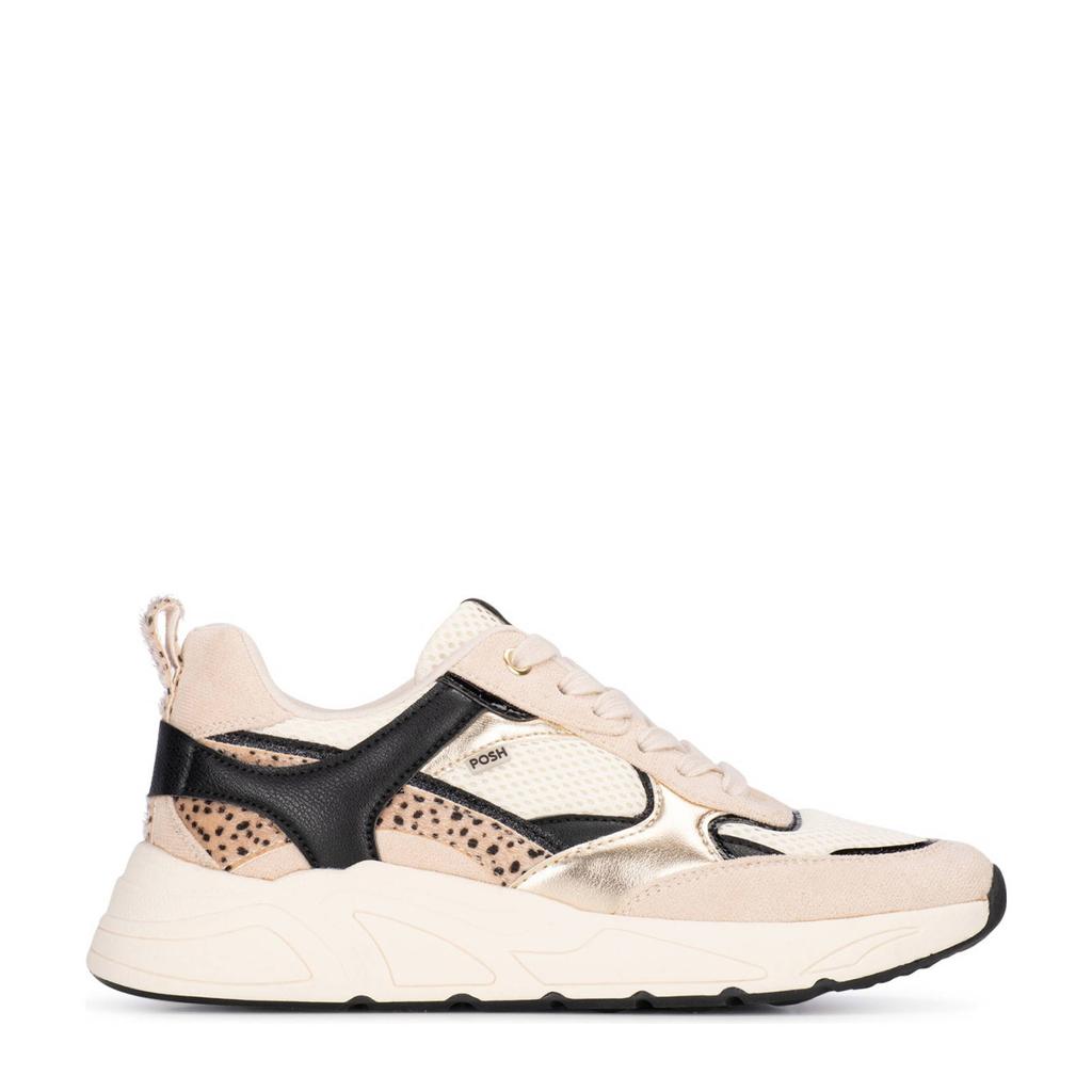Beige dames POSH by Poelman Caro chunky sneakers van imitatieleer/imitatiesude met veters
