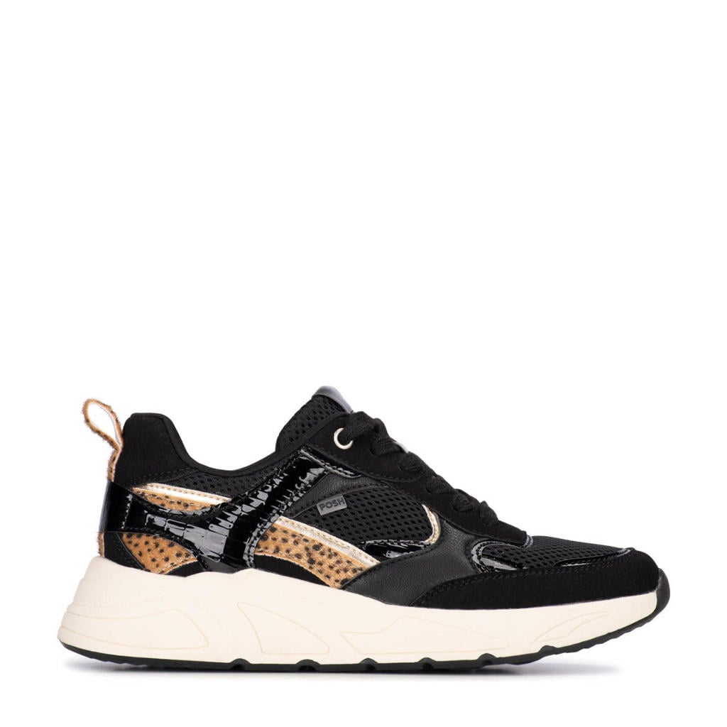Zwarte dames POSH by Poelman Caro chunky sneakers van imitatieleer/imitatiesude met veters