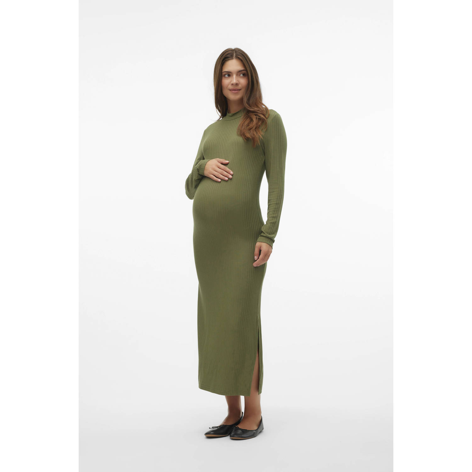 Mamalicious ribgebreide zwangerschapsjurk MLTRINITY Groen Dames Viscose Opstaande kraag XXL