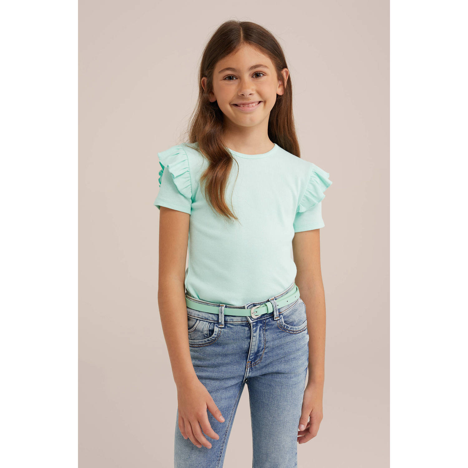 WE Fashion T-shirt Groen Meisjes Stretchkatoen Ronde hals Effen 110 116
