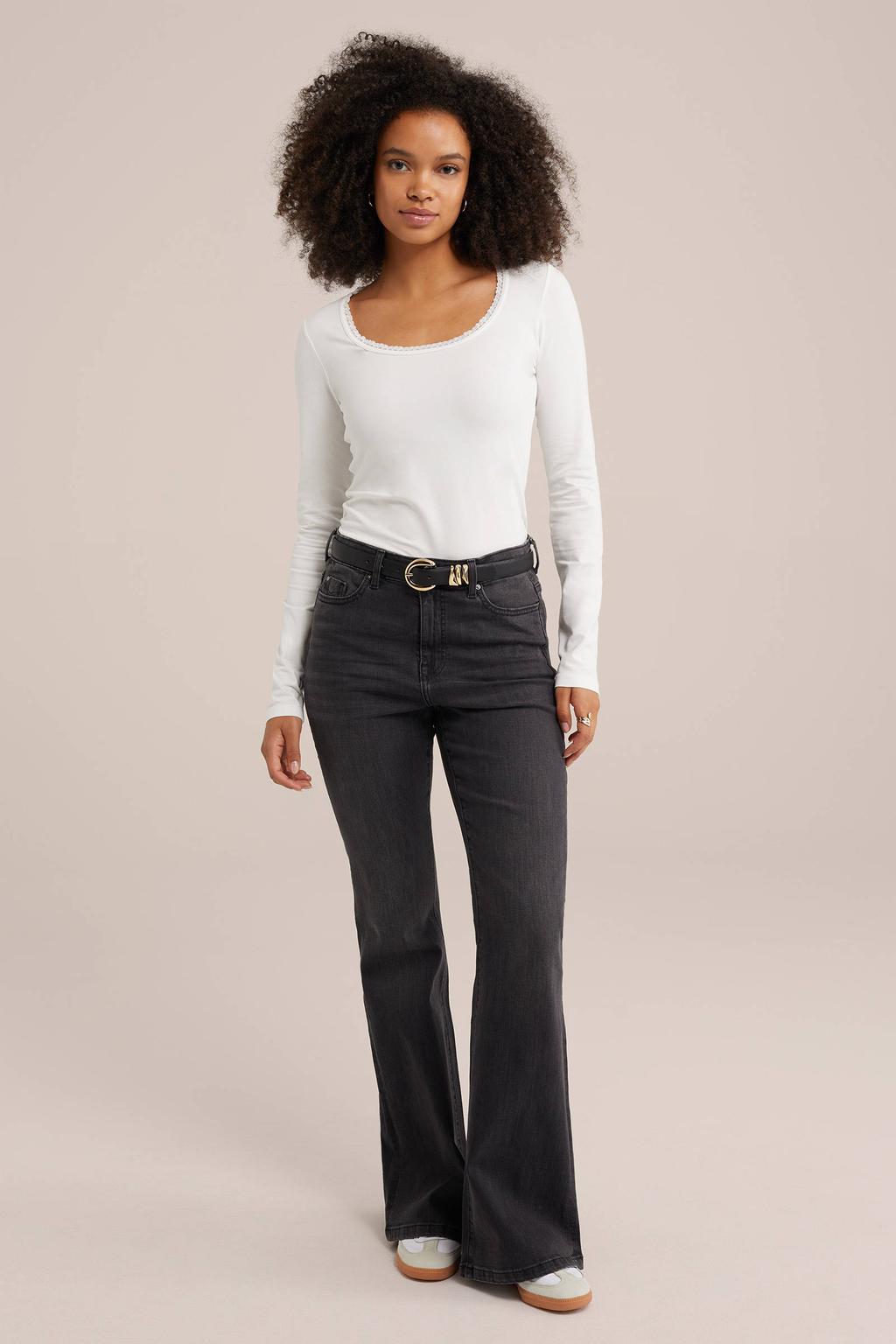 Witte dames WE Fundamentals longsleeve van katoen met effen, lange mouwen en ronde hals