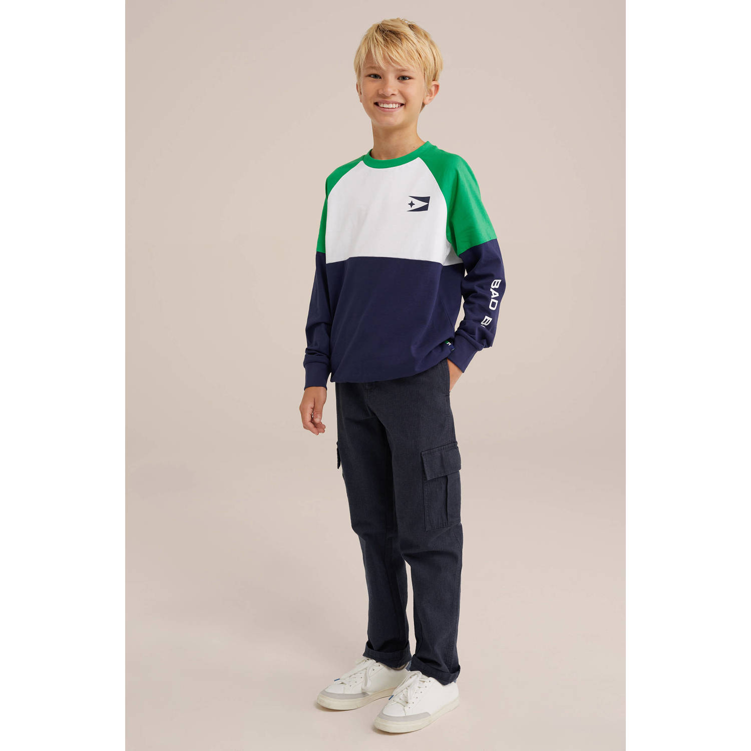 WE Fashion longsleeve donkerblauw wit groen