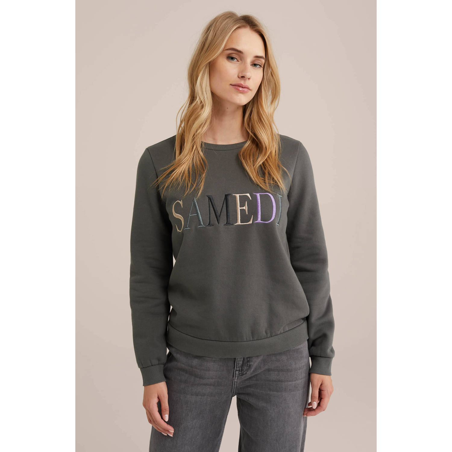 WE Fashion sweater met printopdruk grijsgroen