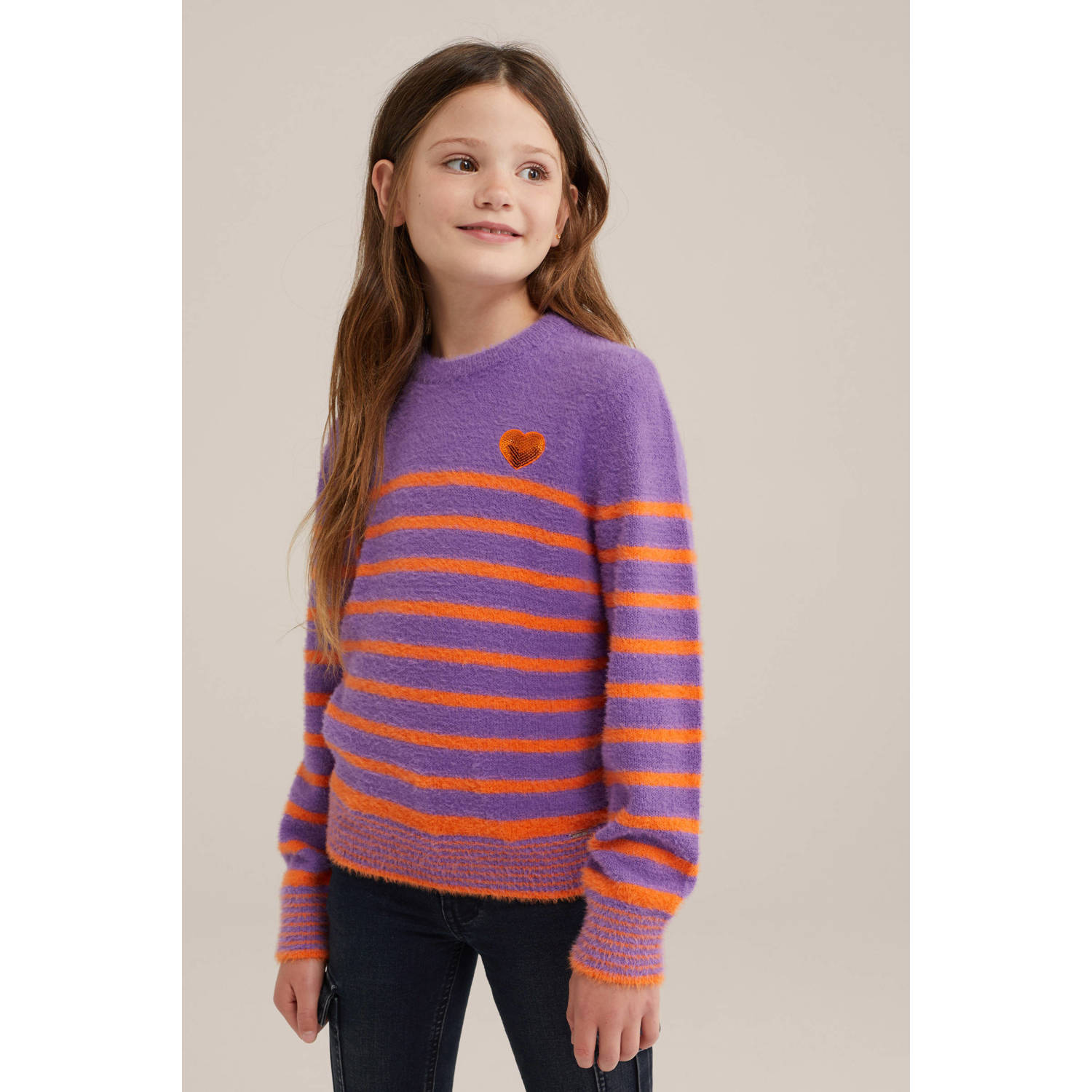 WE Fashion gebreide trui paars Meisjes Acryl Ronde hals Streep 122 128