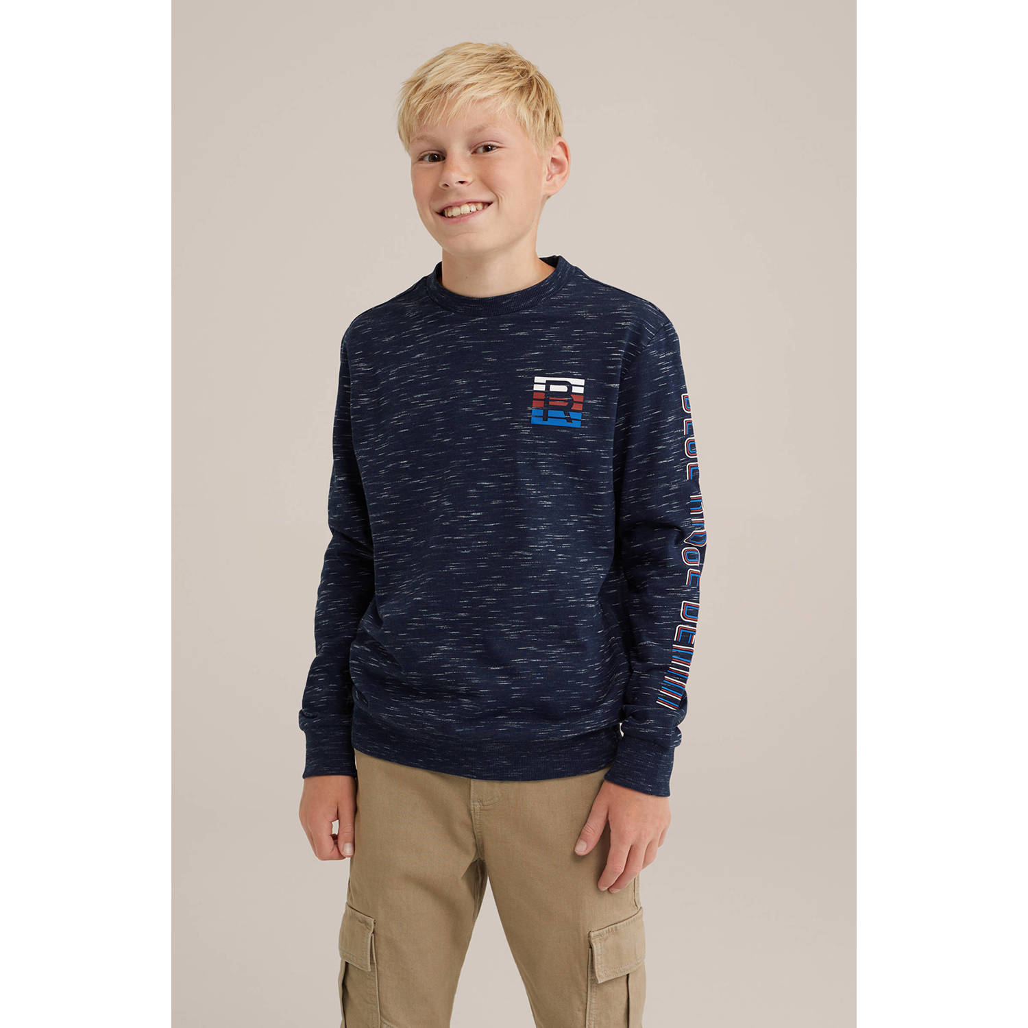 WE Fashion gemêleerde sweater donkerblauw wit rood