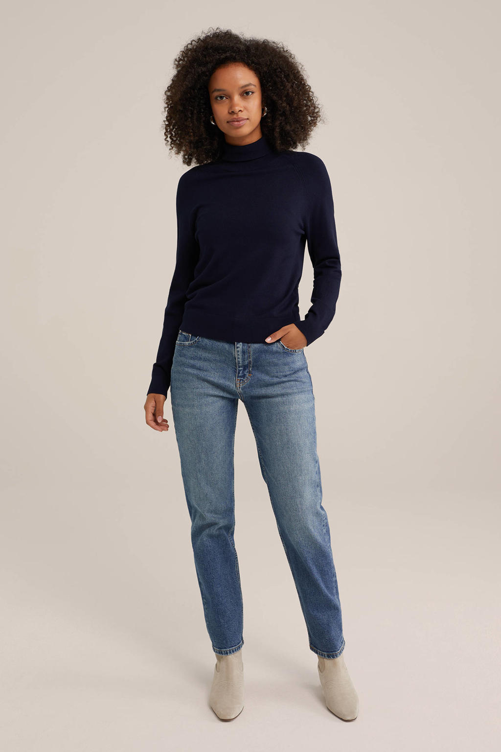 Medium blue denim dames WE Fashion Blue Ridge straight leg jeans van denim met rits- en knoopsluiting en effen