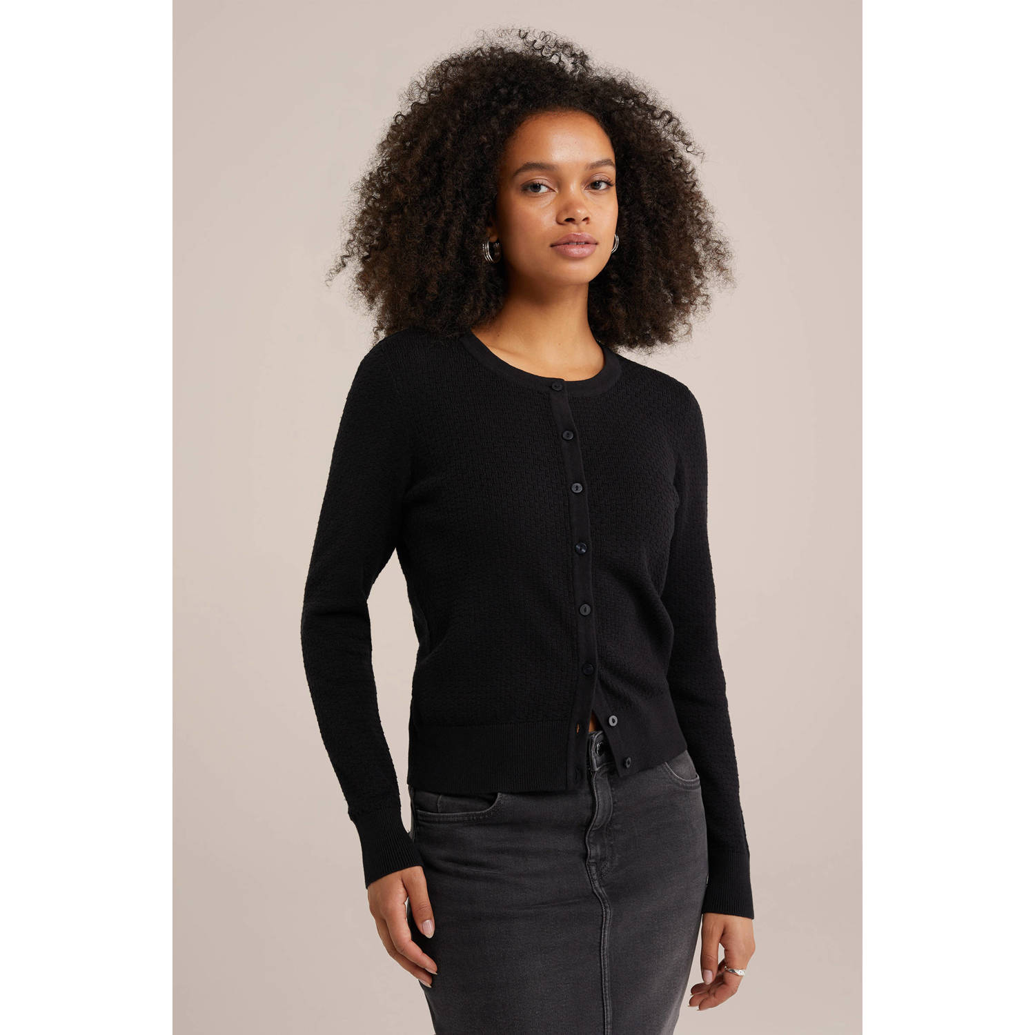 WE Fashion gebreid vest met ingebreid patroon zwart