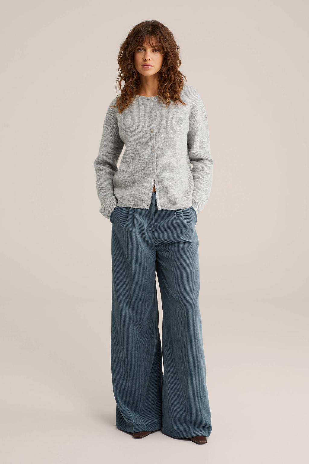 Lichtgrijze dames WE Fashion fijngebreid vest met effen, lange mouwen, ronde hals en knoopsluiting