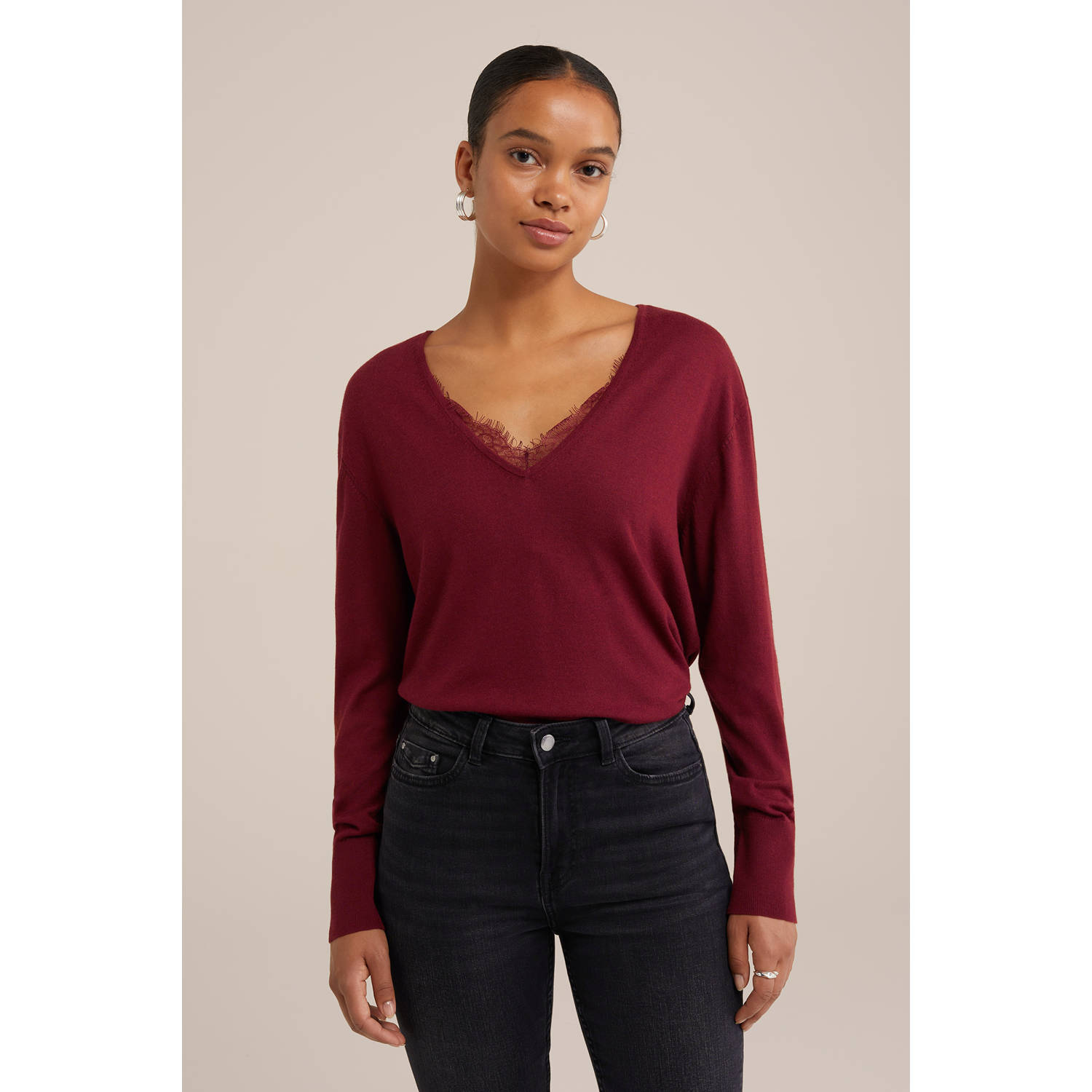 WE Fashion top met kant donkerrood