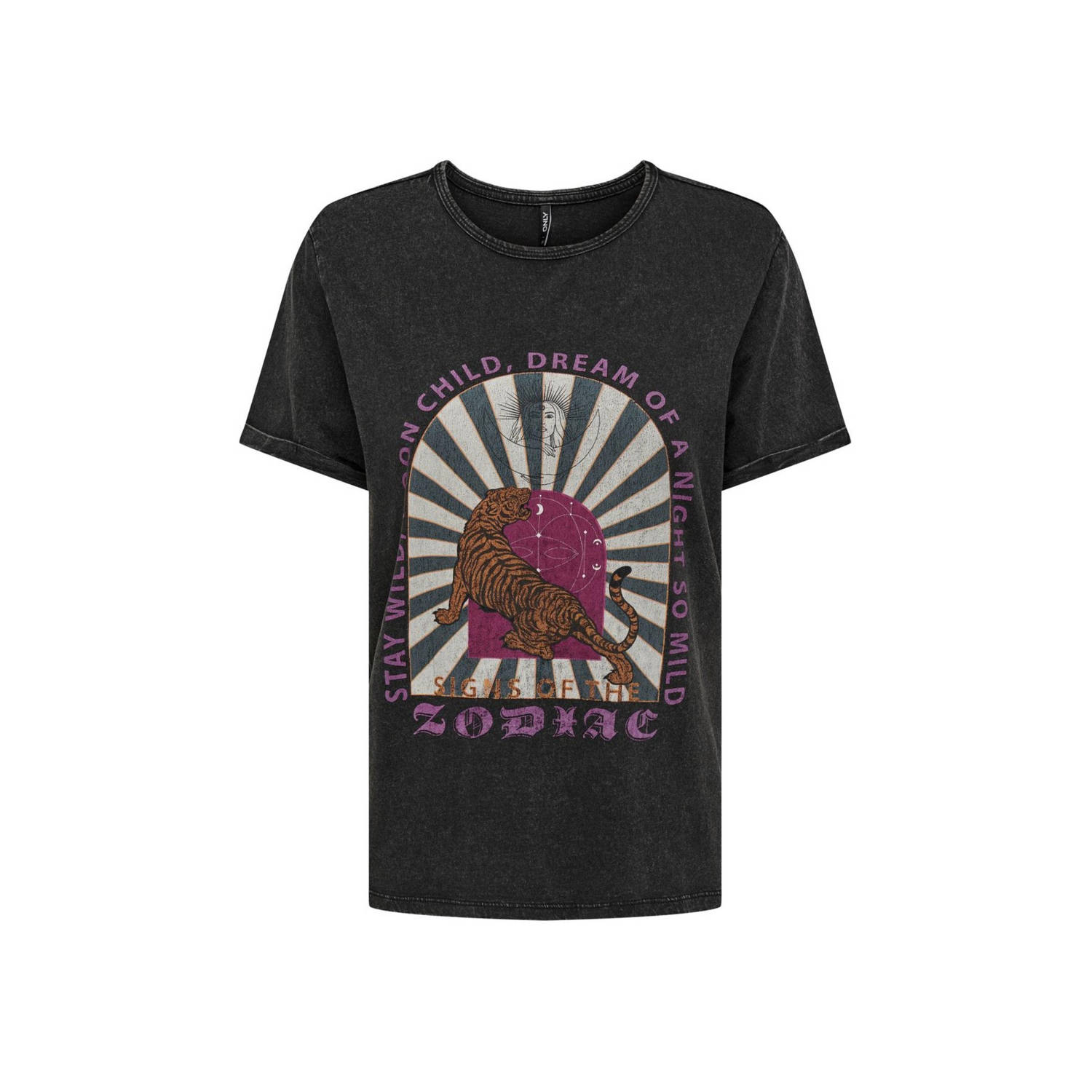 ONLY T-shirt ONLELVIRA met printopdruk zwart roze oranje