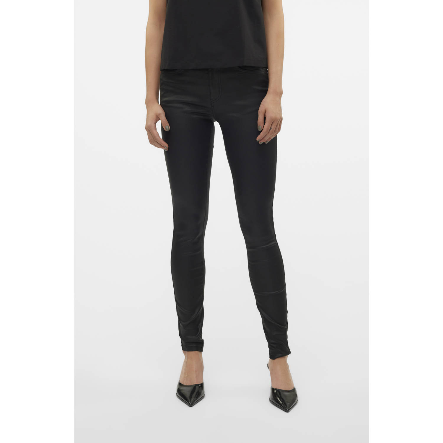 VERO MODA imitatieleren slim fit jeans VMFLASH zwart