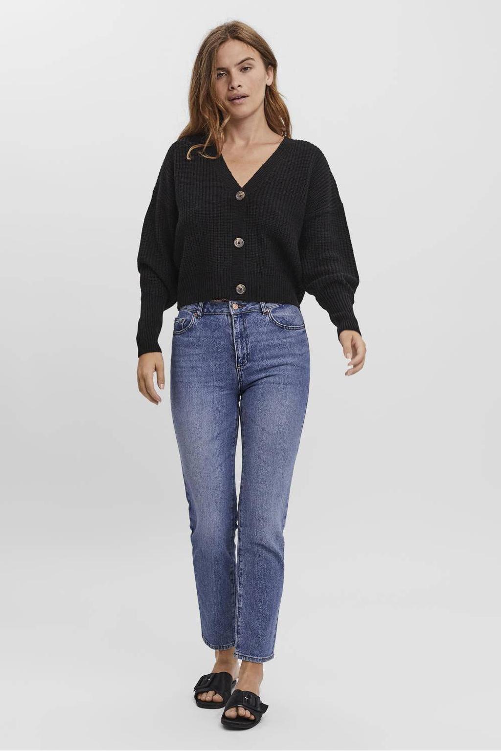 Zwarte dames VERO MODA vest van acryl met effen, lange mouwen, V-hals, knoopsluiting en gebreide details