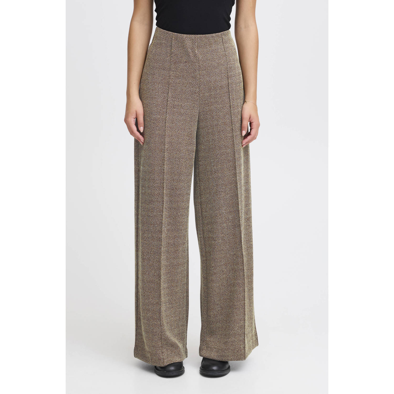 ICHI gestreepte wide leg broek IHKATE lichtbruin