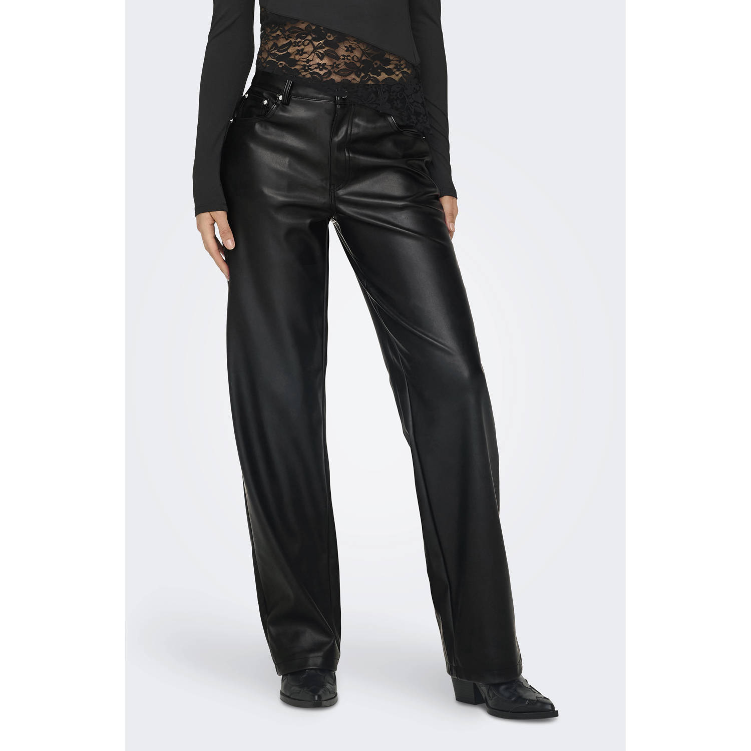 ONLY coated high waist straight fit broek ONLKIRI zwart