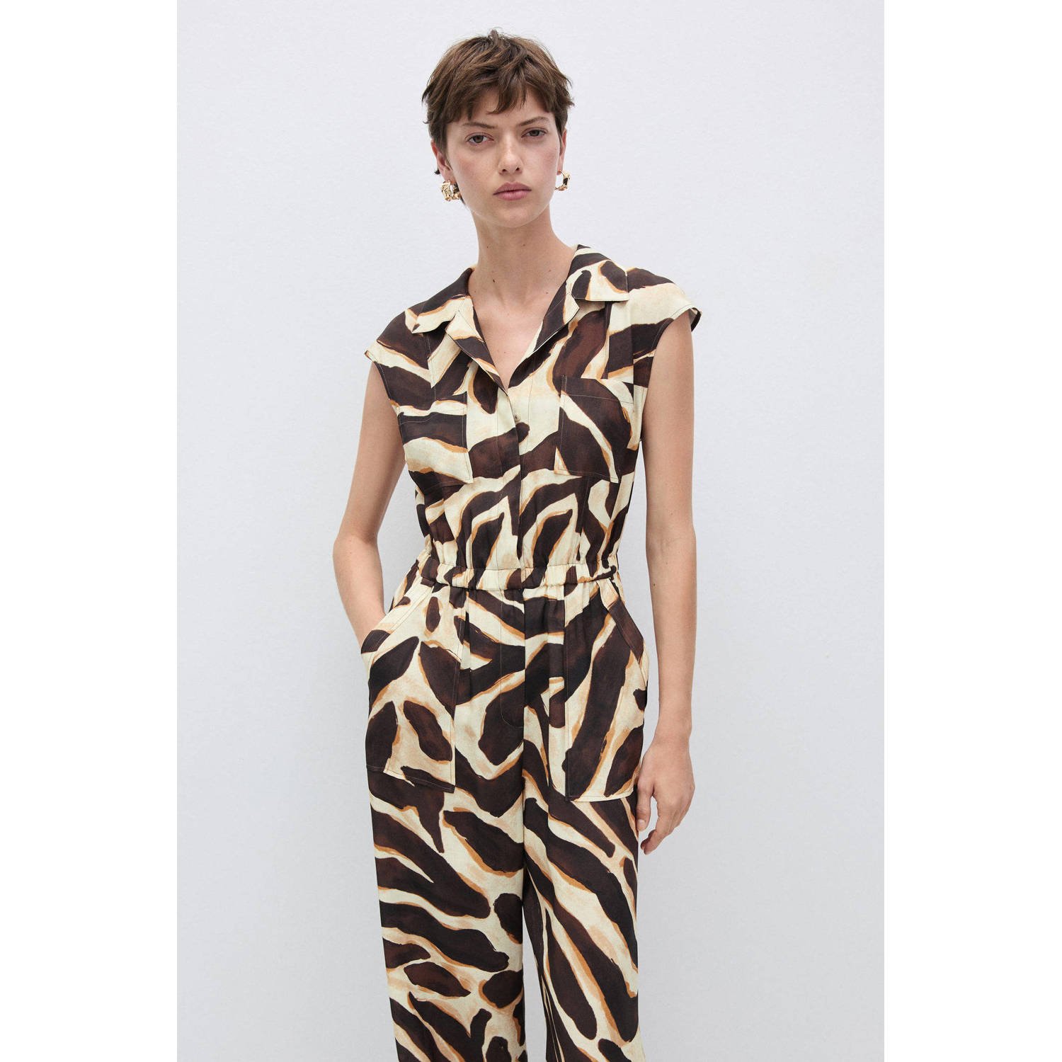 Mango jumpsuit met zebraprint bruin beige