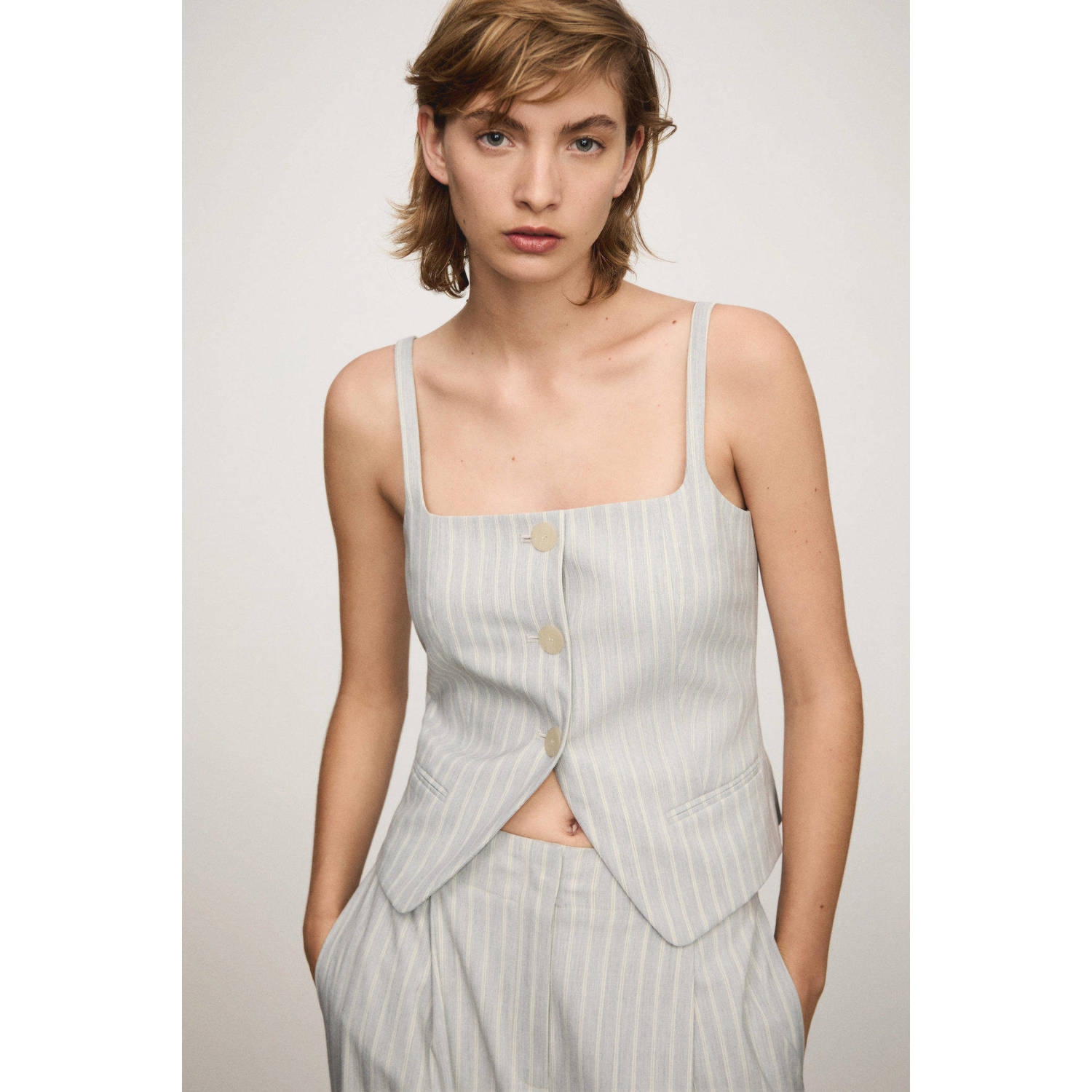 Mango gilet met krijtstreep lichtgrijs geel