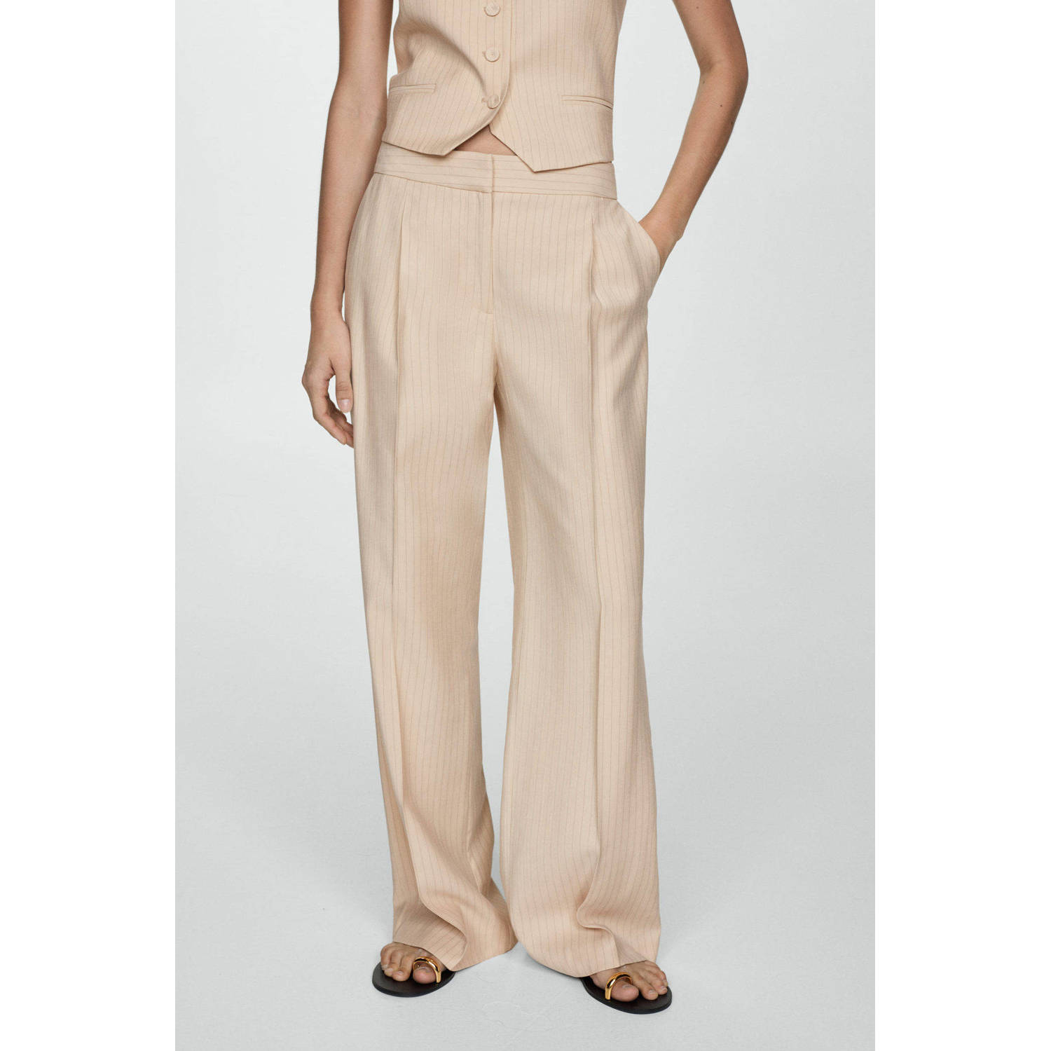 Mango wide leg broek met krijtstreep beige