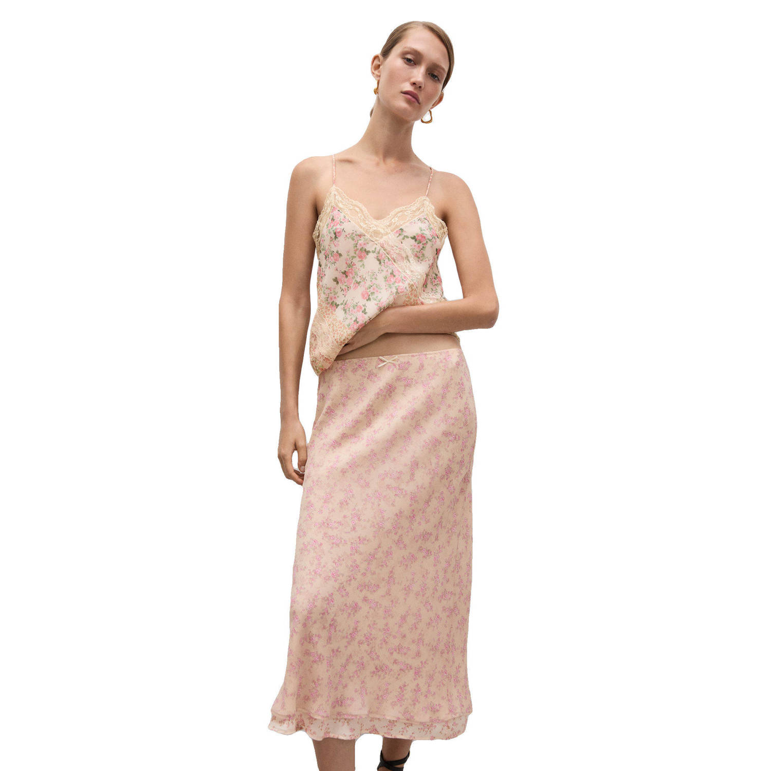 Mango spaghettitop met all over print en kant beige multi