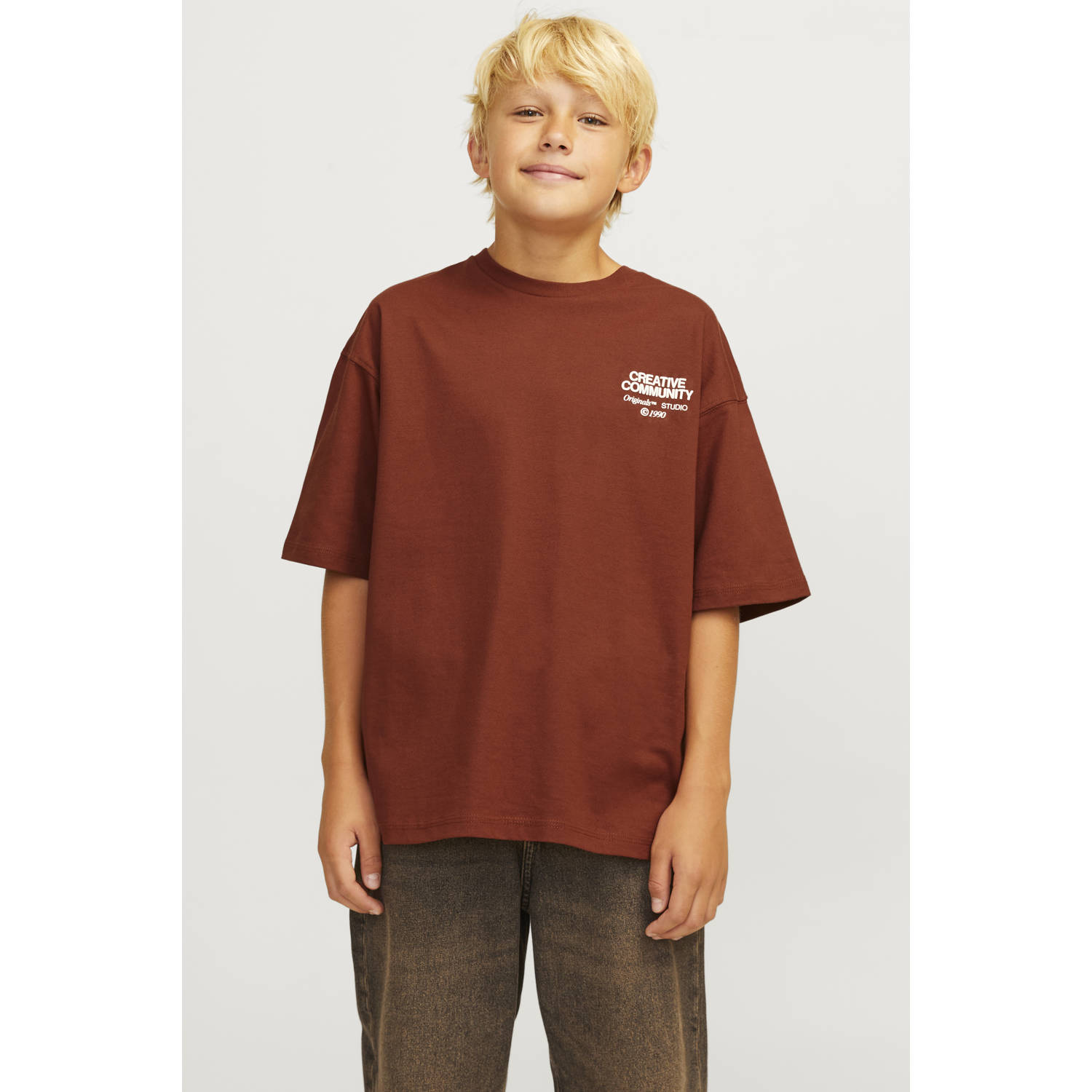 JACK & JONES JUNIOR T-shirt JORNOHO met backprint bruin