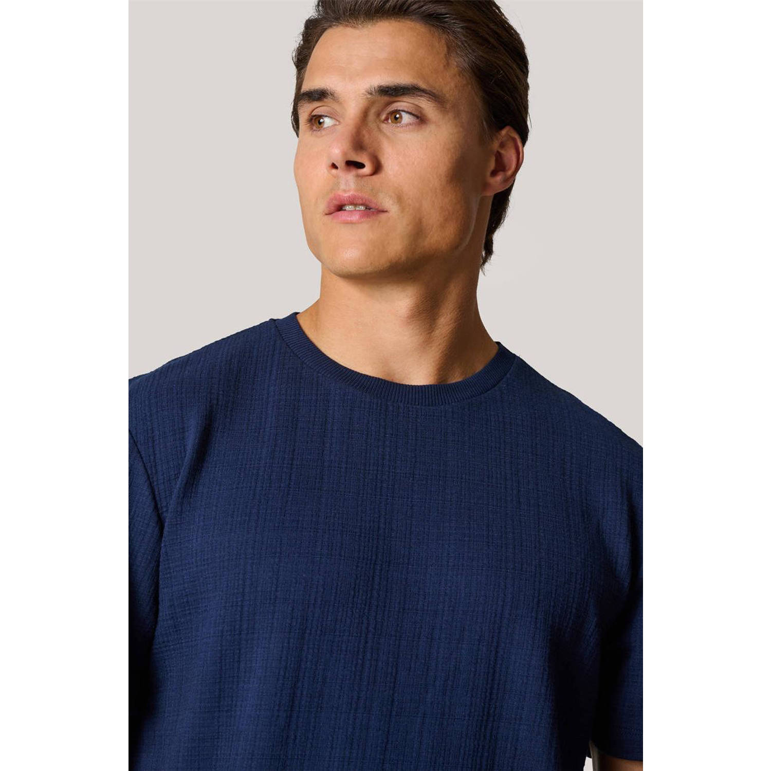 Shoeby gebreid regular fit T-shirt met ingebreid patroon navy