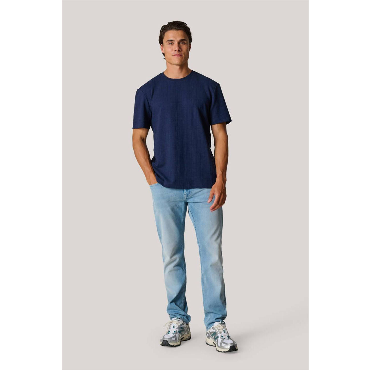 Shoeby gebreid regular fit T-shirt met ingebreid patroon navy