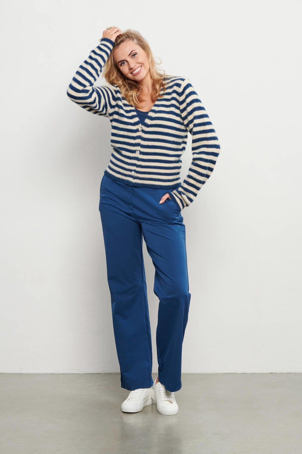 Blauwe dames &Co Woman straight fit broek van travelstof met regular waist, elastische tailleband en effen