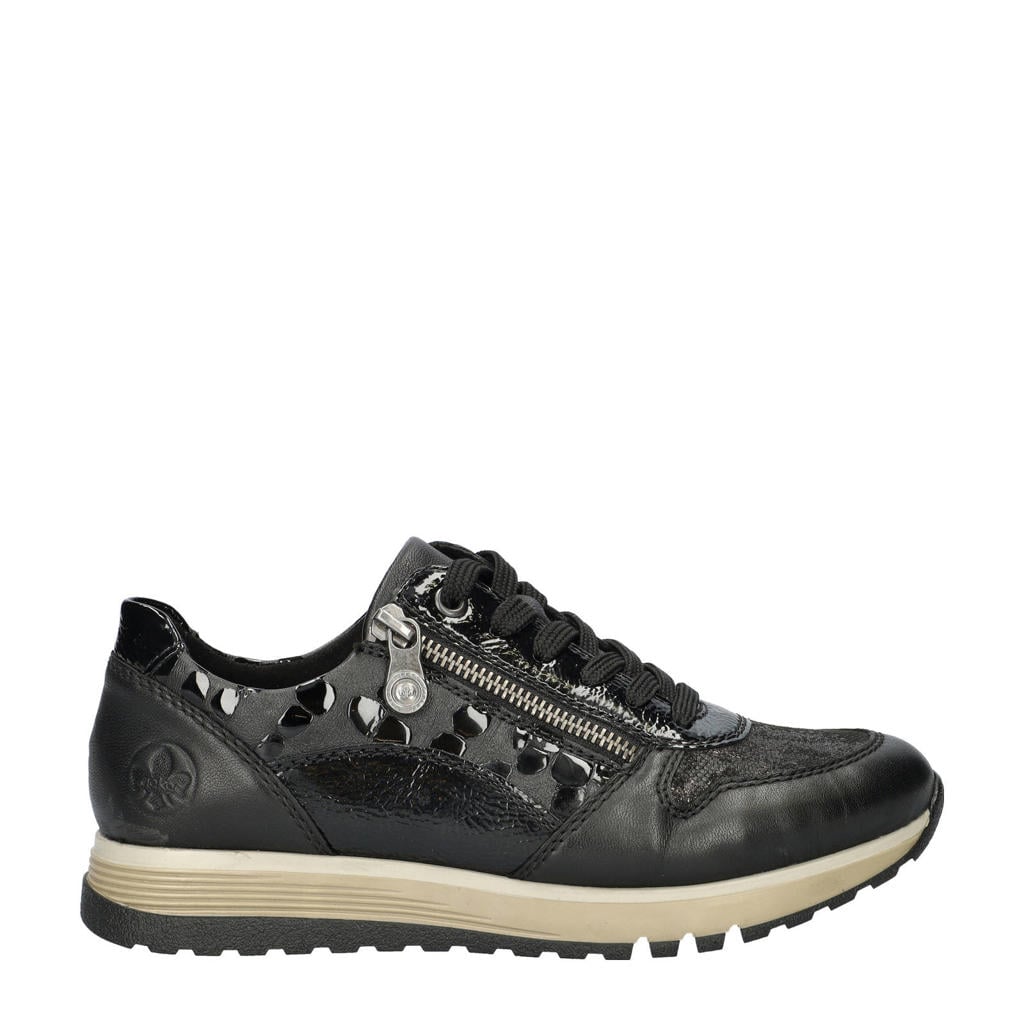 Zwarte dames Rieker leren sneakers met rits- en vetersluiting