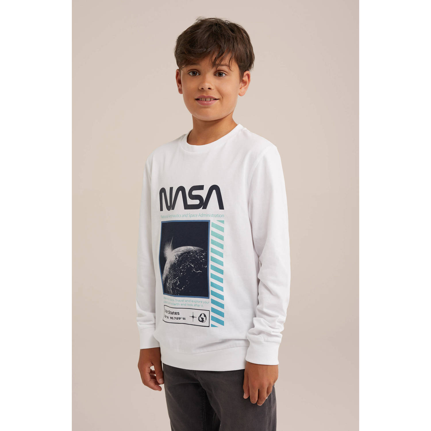 WE Fashion longsleeve met printopdruk wit blauw