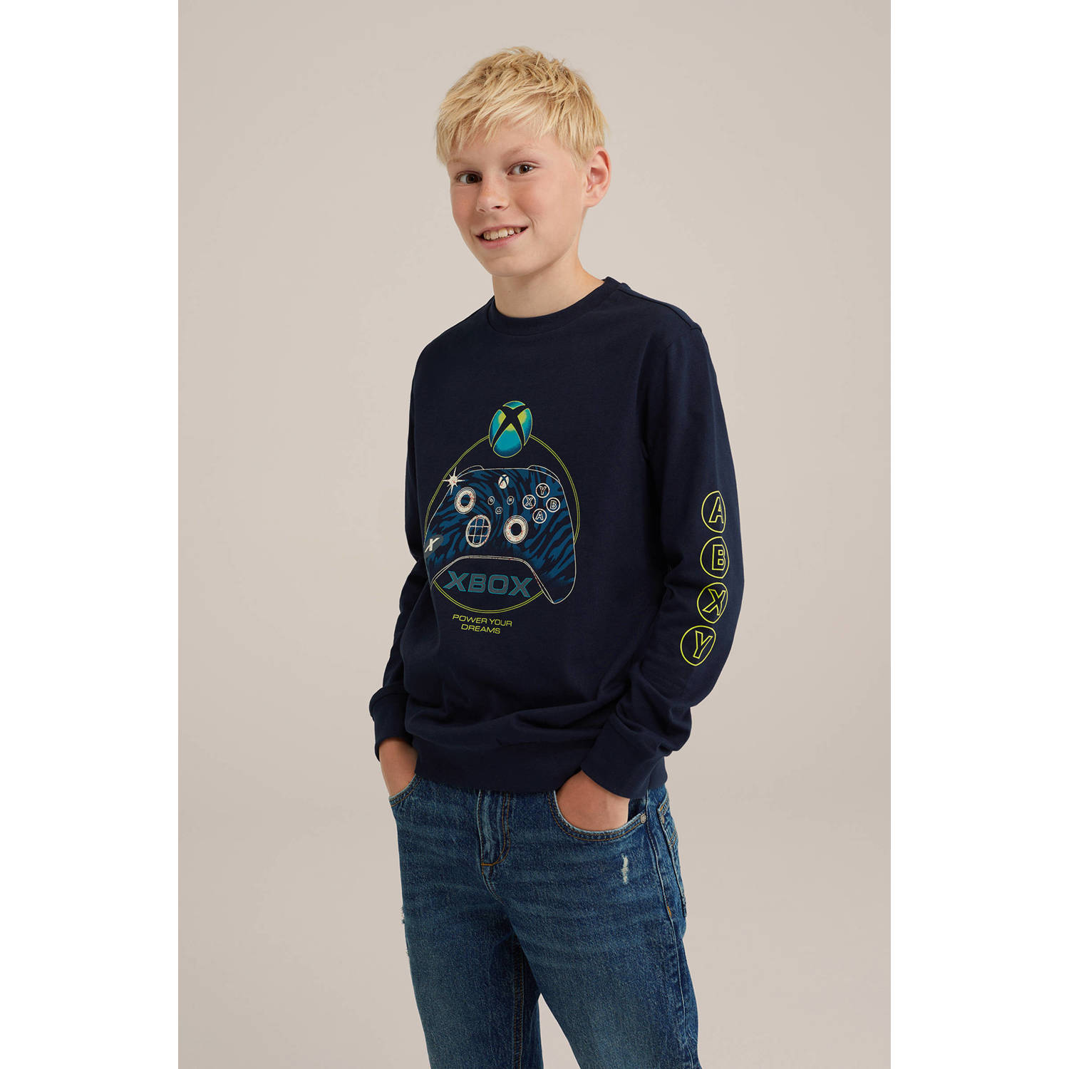 WE Fashion sweater donkerblauw Trui Printopdruk 110 116