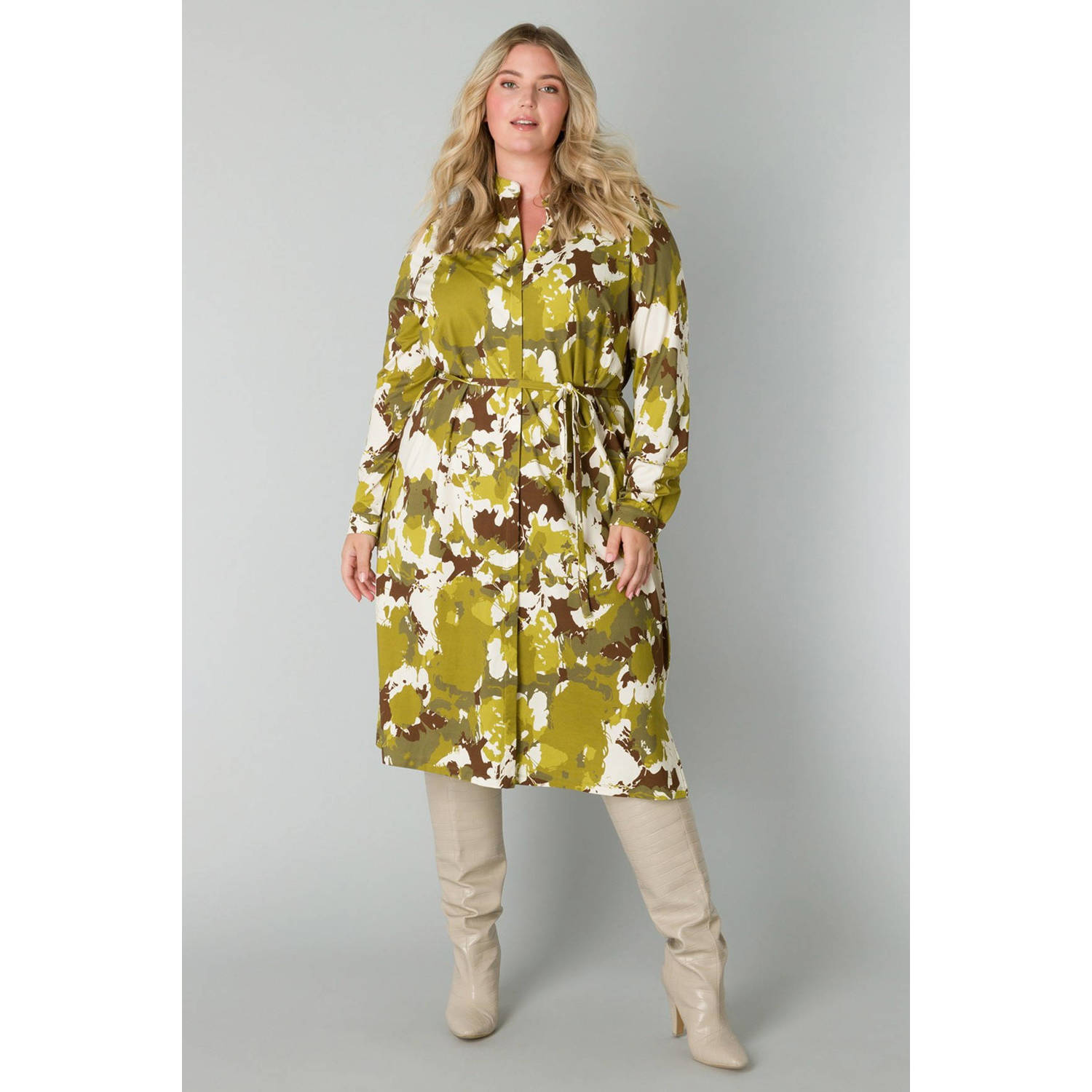 Yesta blousejurk met all over print en ceintuur limegroen bruin