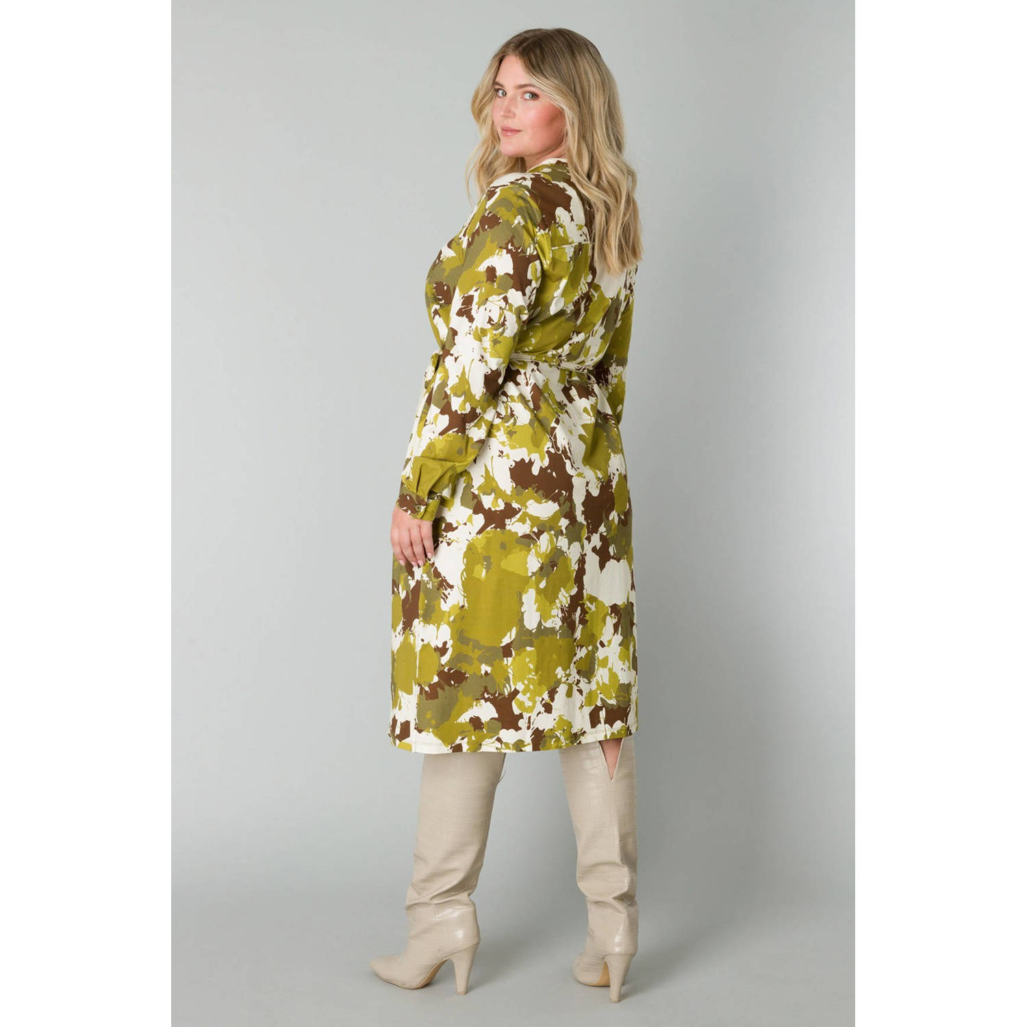 Yesta blousejurk met all over print en ceintuur limegroen bruin