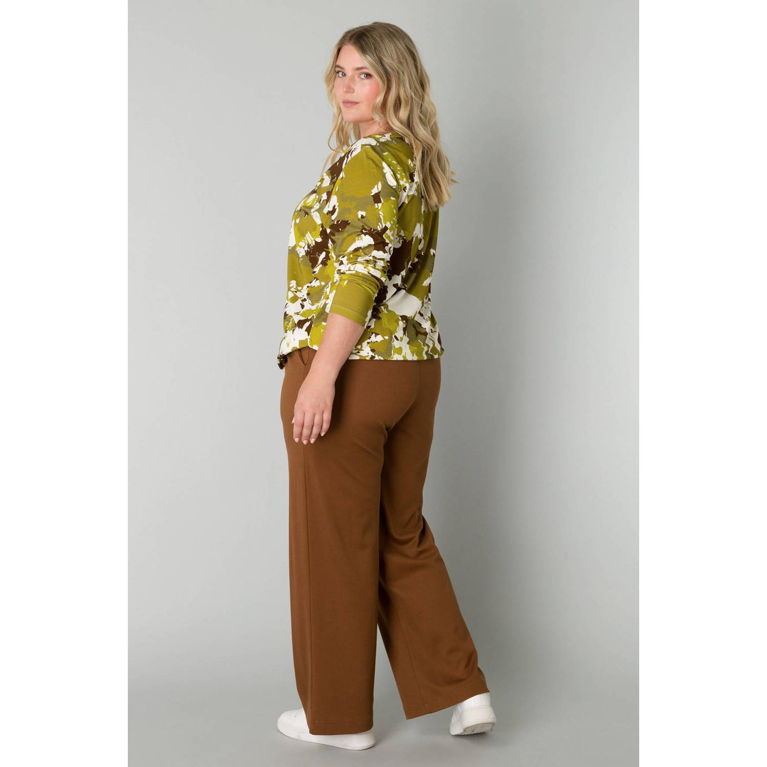 Yesta top met grafische print geel bruin wit