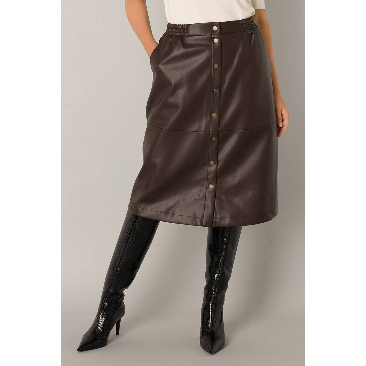 Yest imitatieleren midi rok donkerbruin