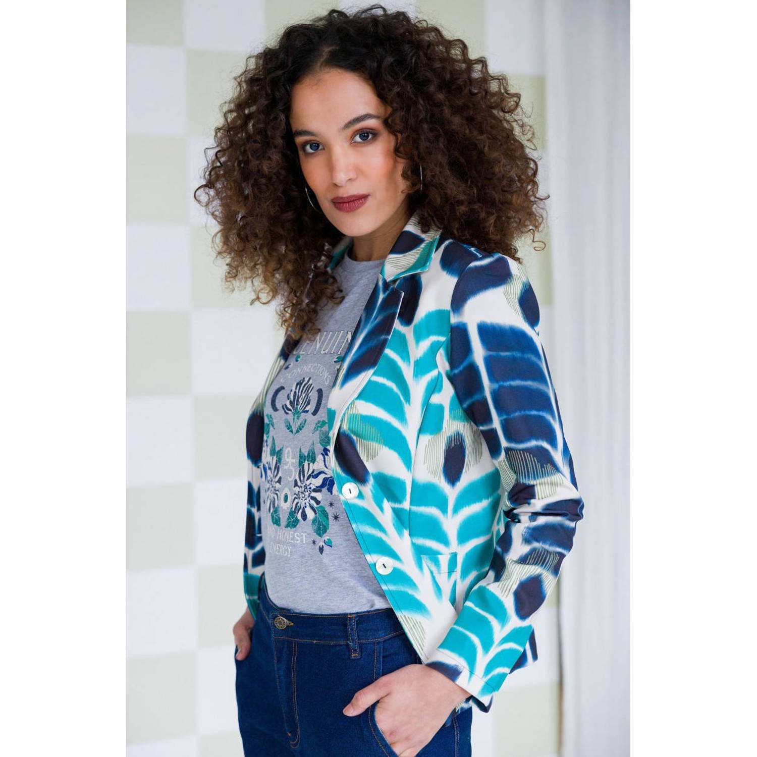 Ivy Beau getailleerde blazer met all over print blauw