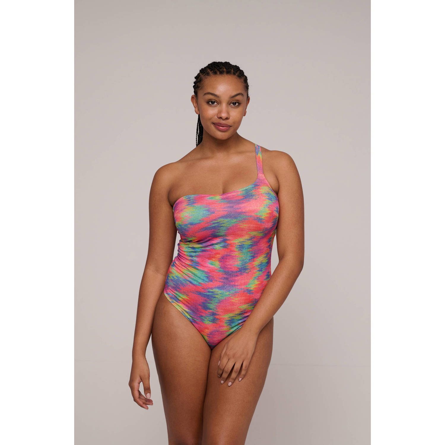PrimaDonna one shoulder badpak Cairo met beugel en lurex fuchsia multi