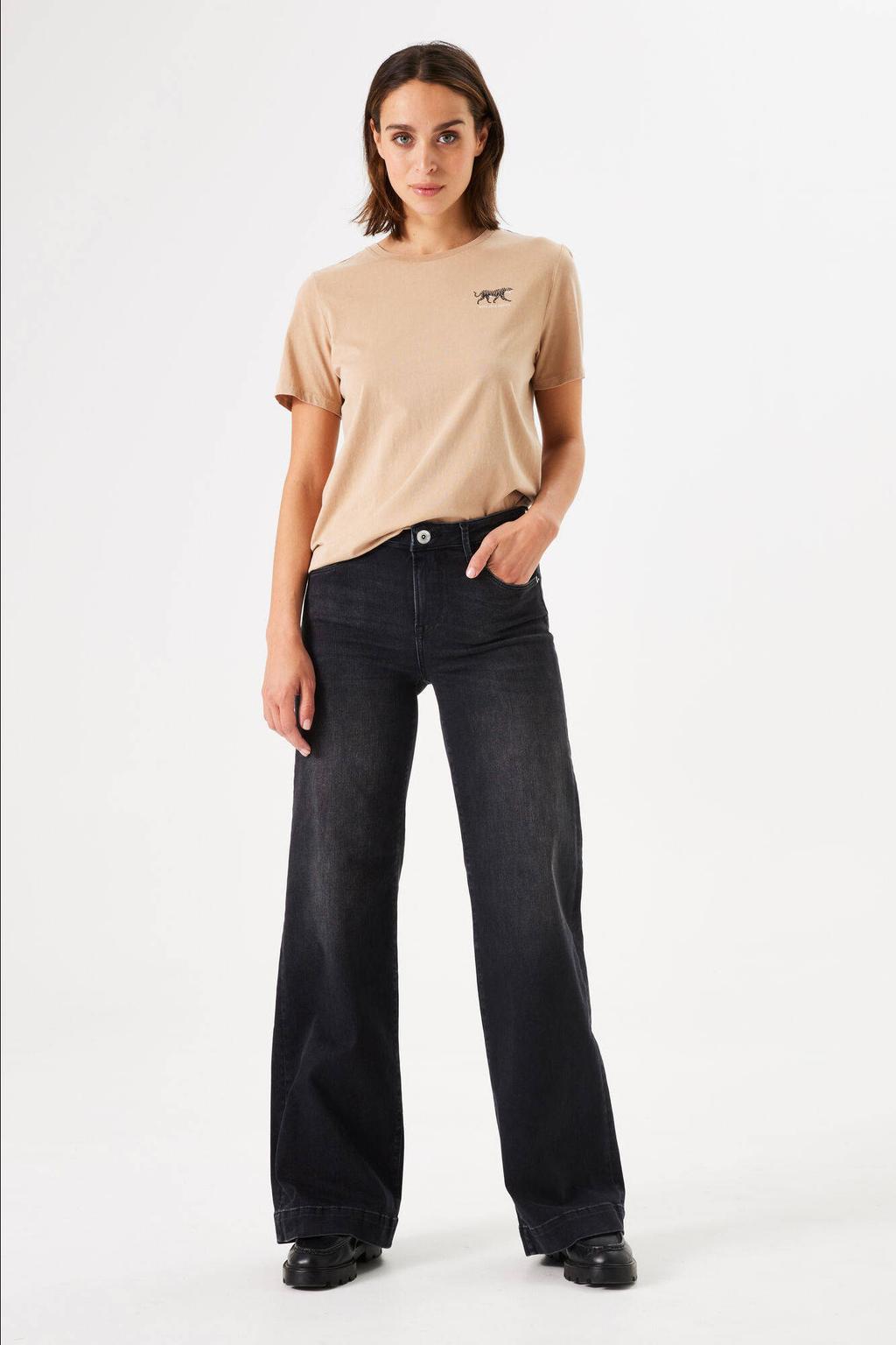 Black denim dames Garcia high waist wide leg jeans black van denim met rits- en knoopsluiting en effen