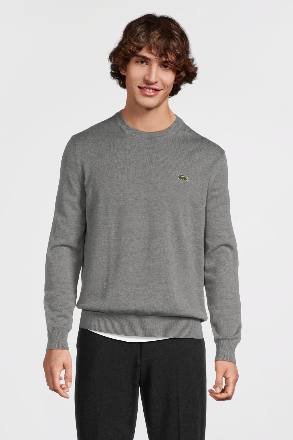 Grijze heren Lacoste fijngebreide trui van katoen met logo dessin, lange mouwen en ronde hals