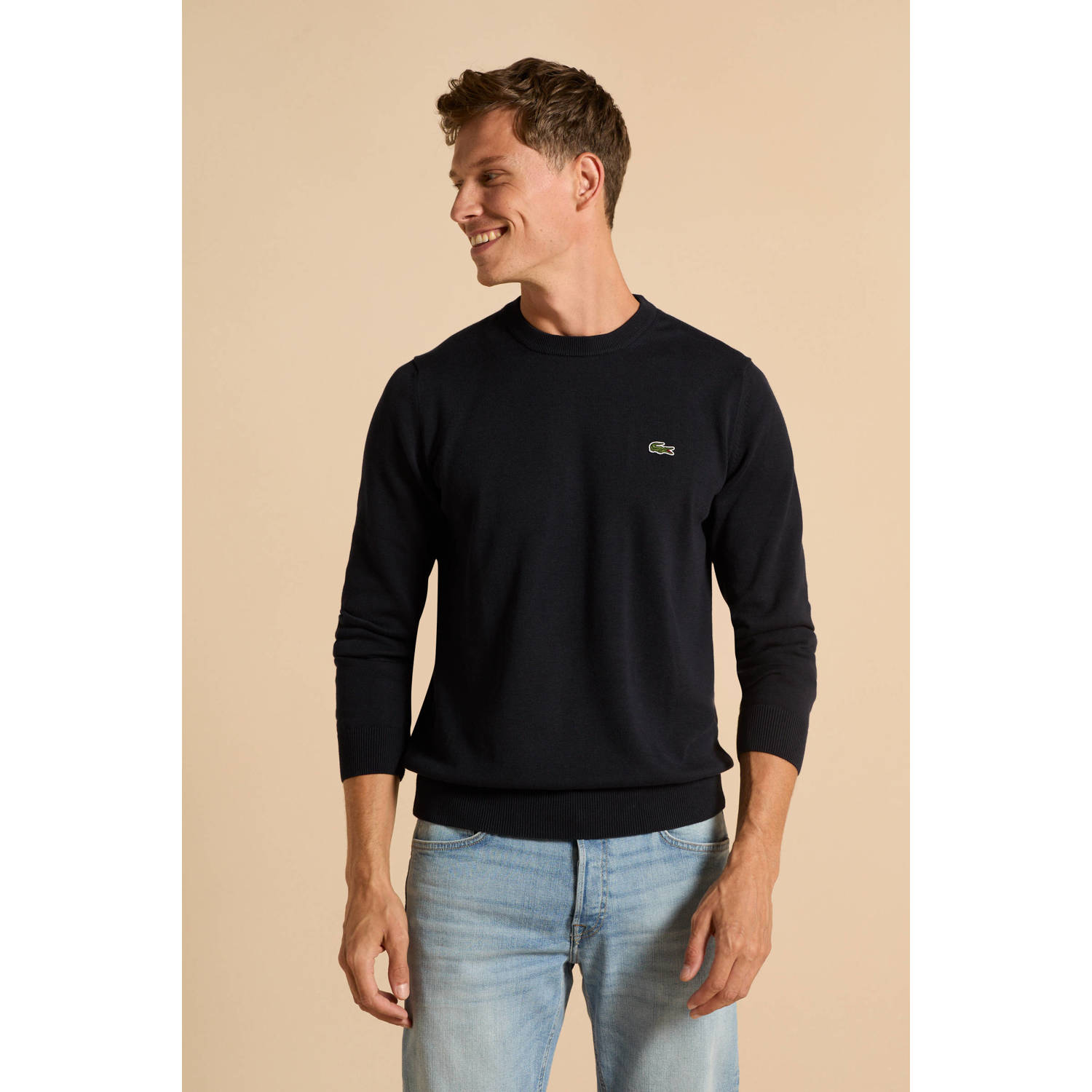 Lacoste fijngebreide trui met logo donkerblauw