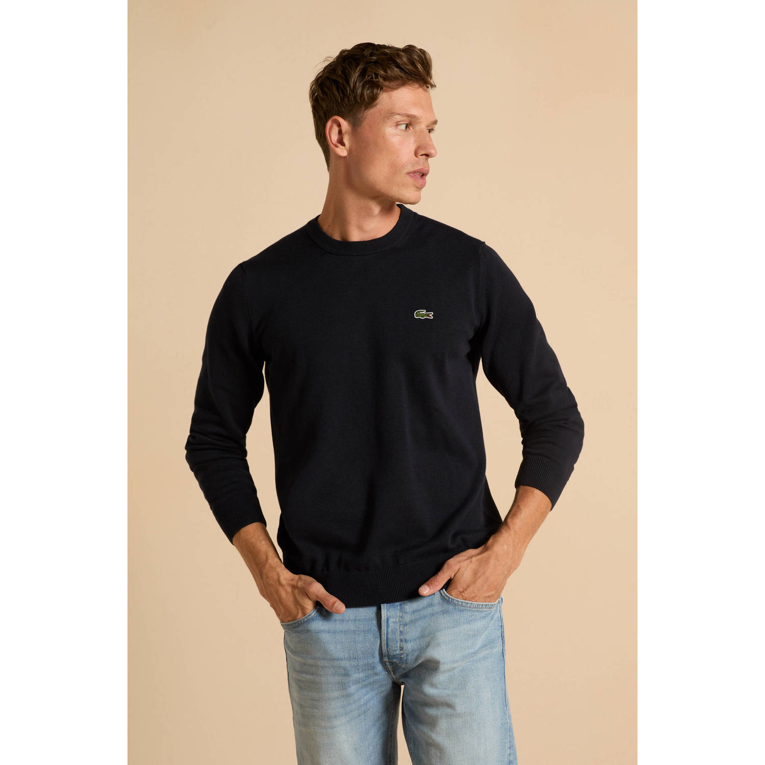 Lacoste fijngebreide trui met logo donkerblauw