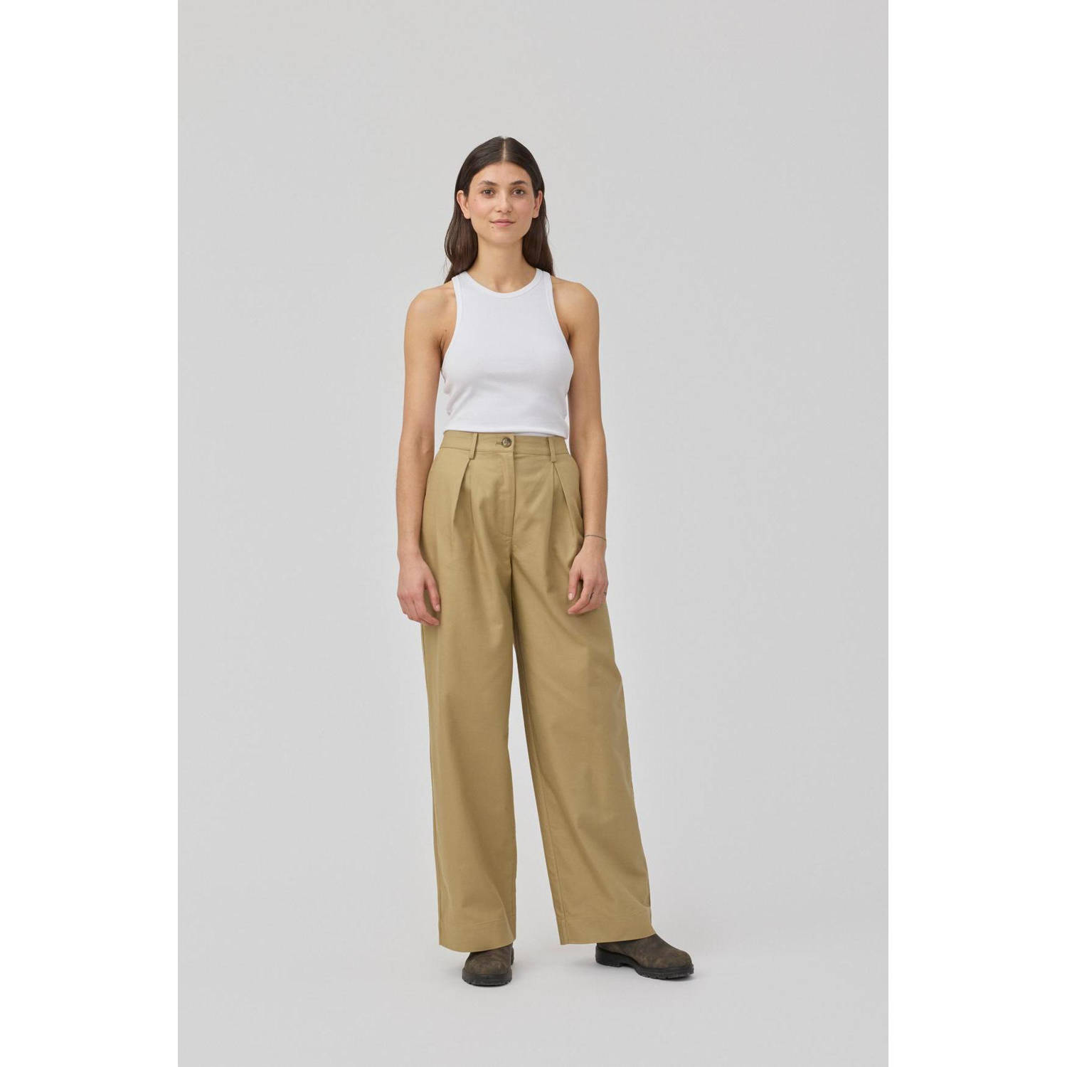 Modström high waist straight fit broek Tore beige