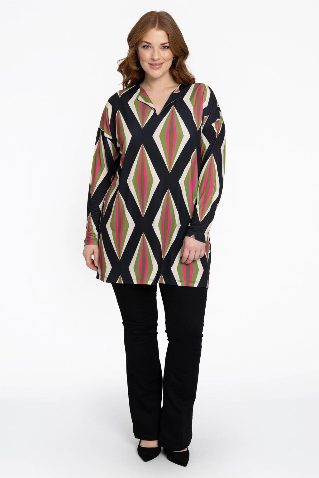 YOEK top DOLCE met all over print zwart/roze/groen