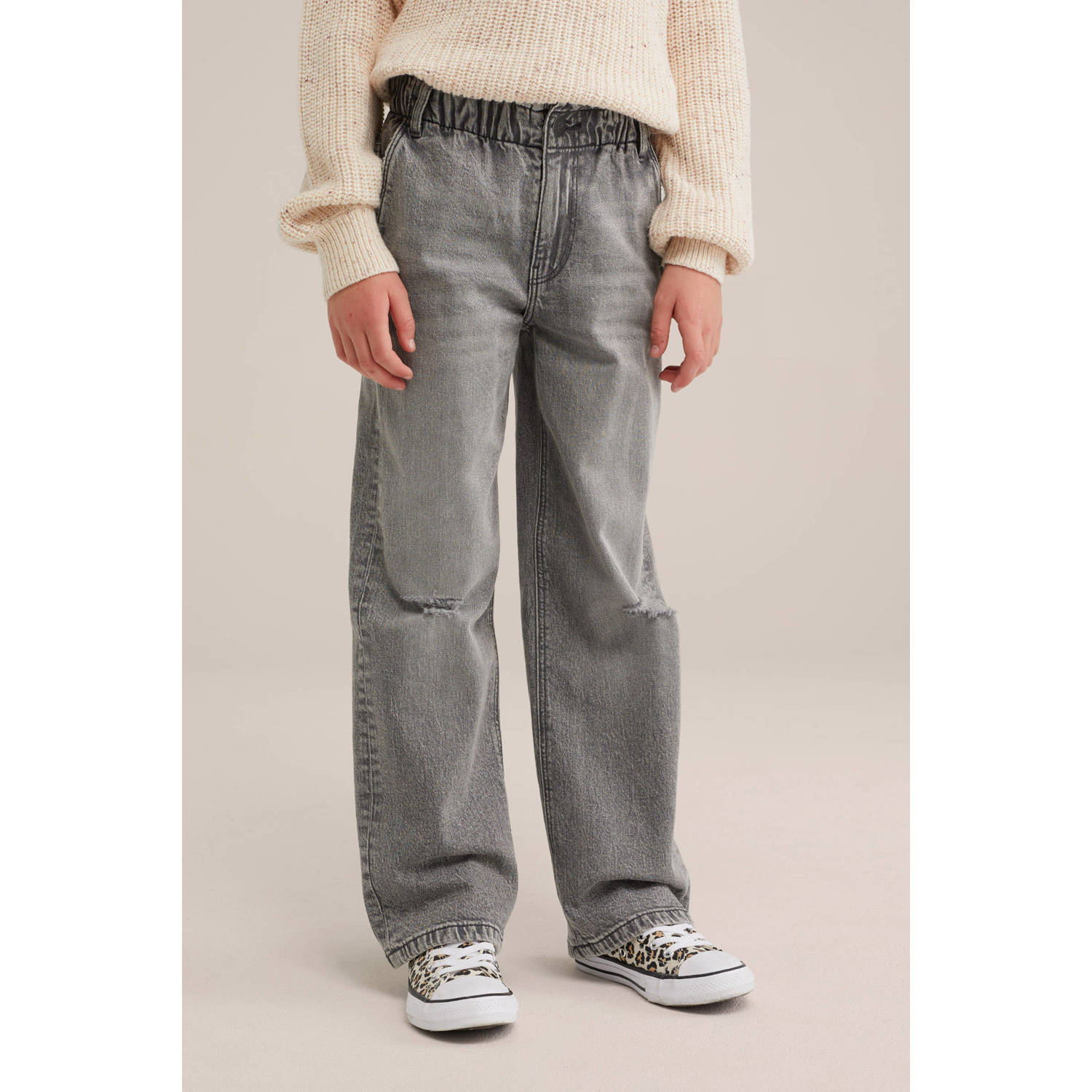WE Fashion high waist straight fit jeans grey denim Grijs Effen 134