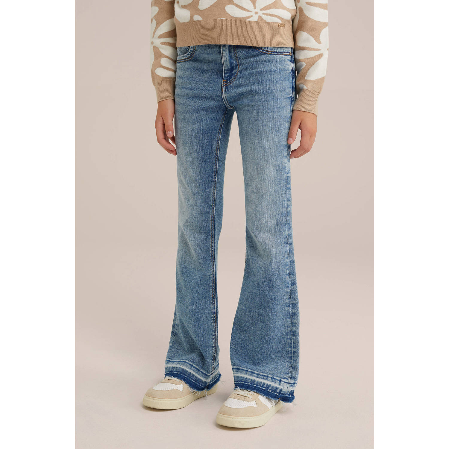 WE Fashion flared jeans used denim Blauw Meisjes Stretchkatoen Effen 158
