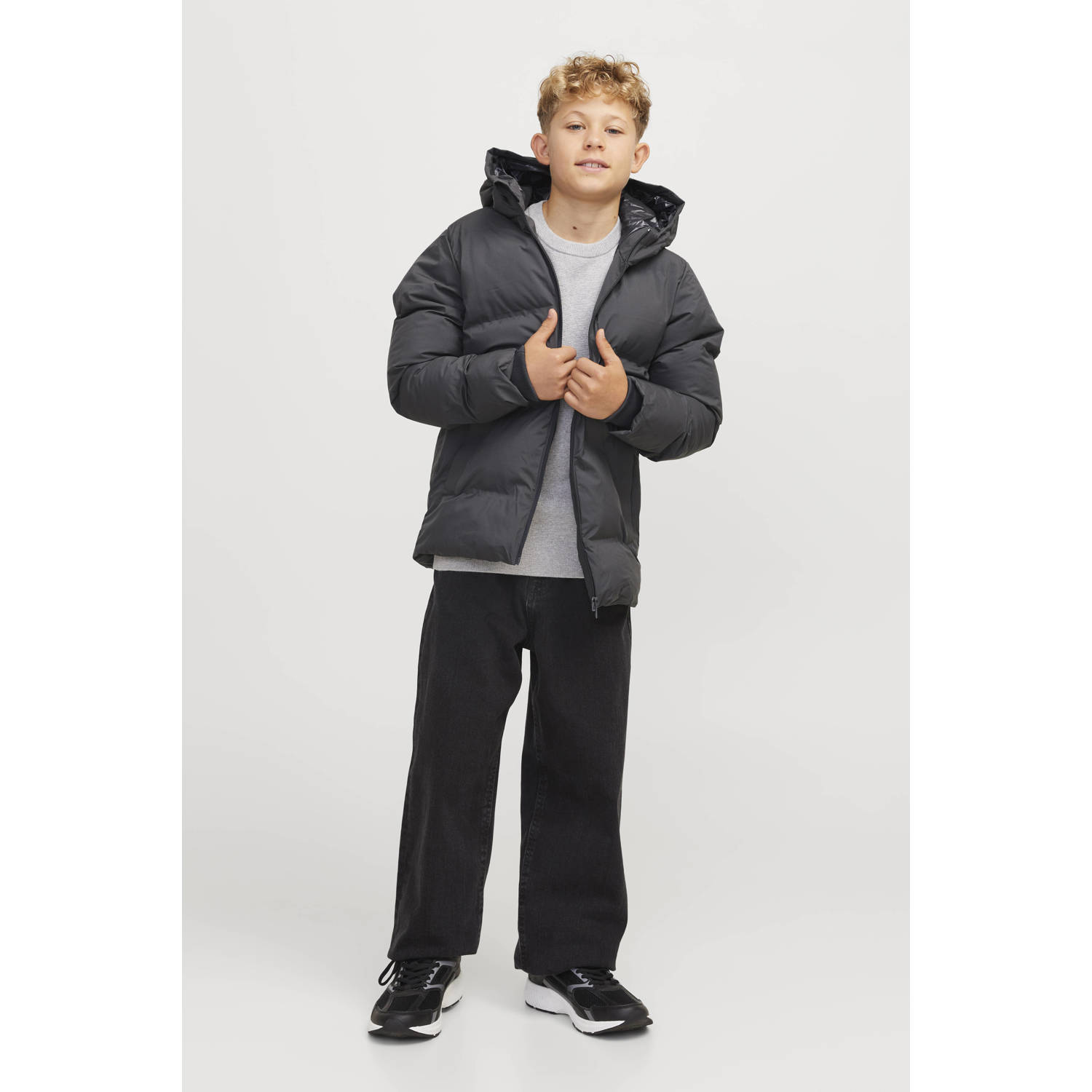JACK & JONES JUNIOR gewatteerde winterjas JJPAYNE donkergrijs