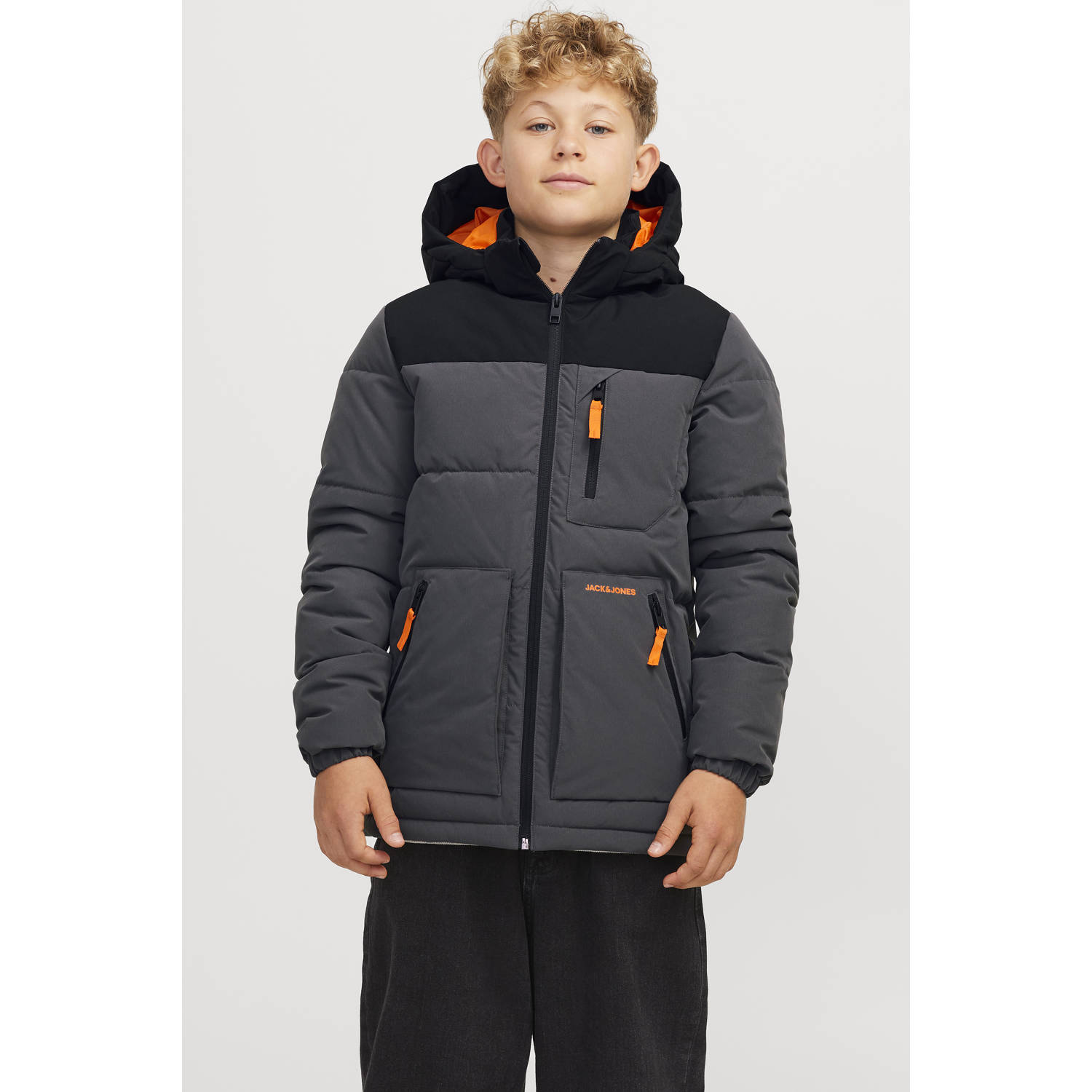 JACK & JONES JUNIOR gewatteerde winterjas JJEOTTO donkergrijs zwart