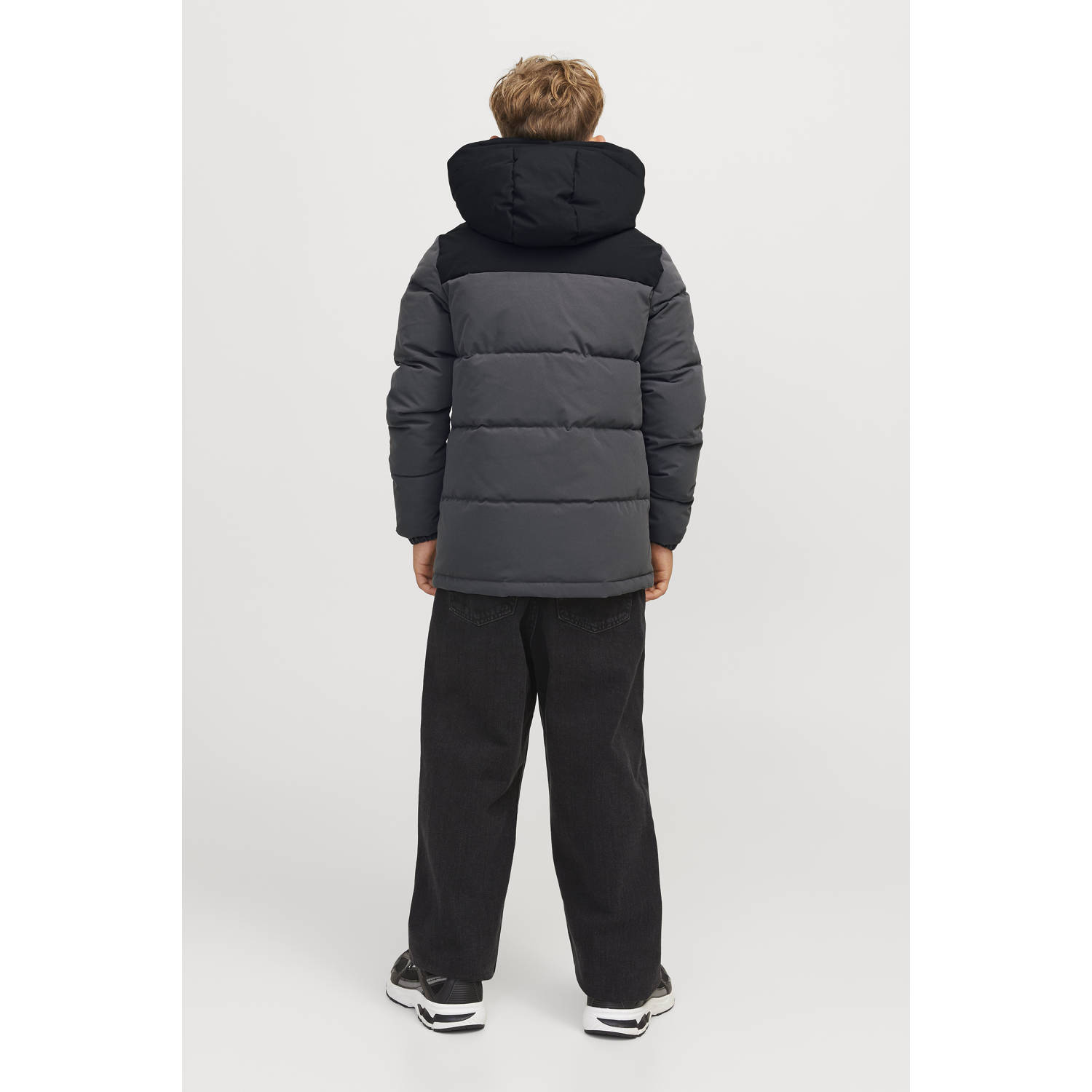 JACK & JONES JUNIOR gewatteerde winterjas JJEOTTO donkergrijs zwart