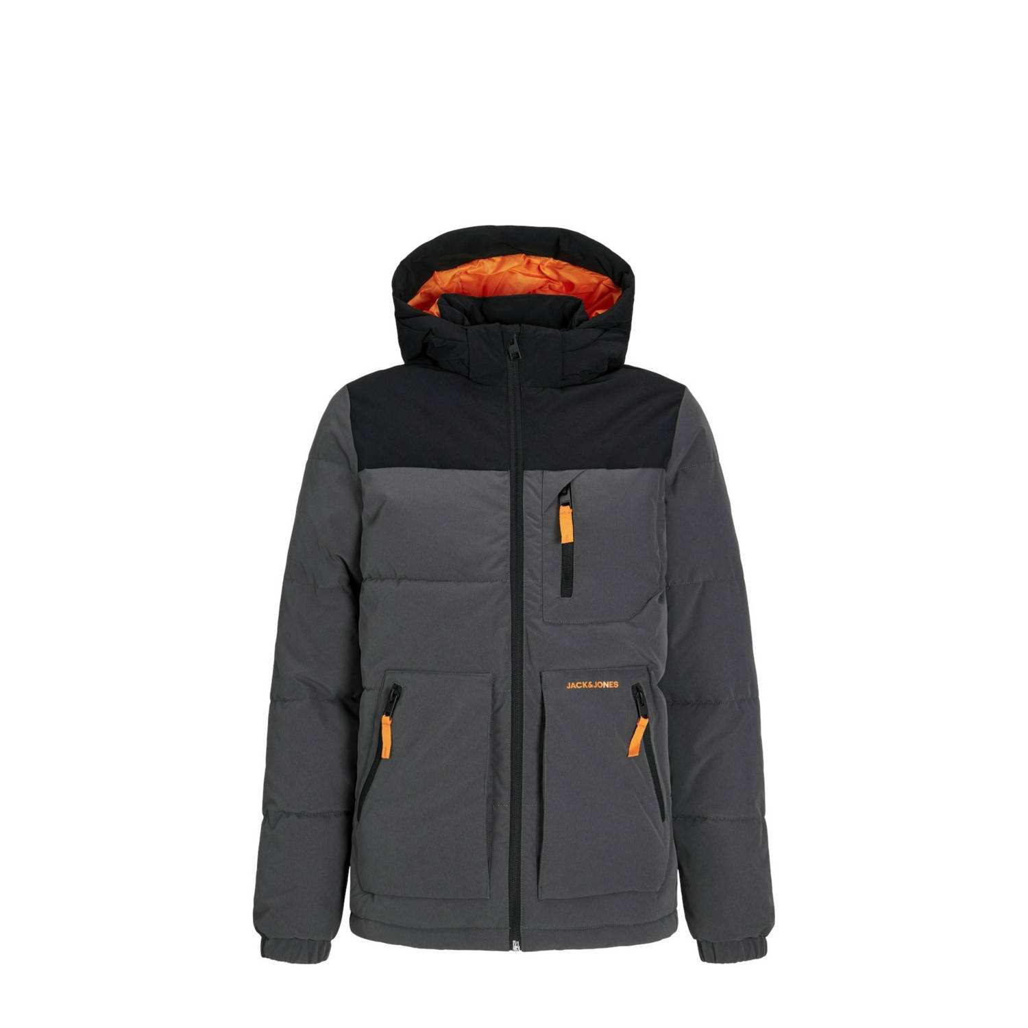 JACK & JONES JUNIOR gewatteerde winterjas JJEOTTO donkergrijs zwart