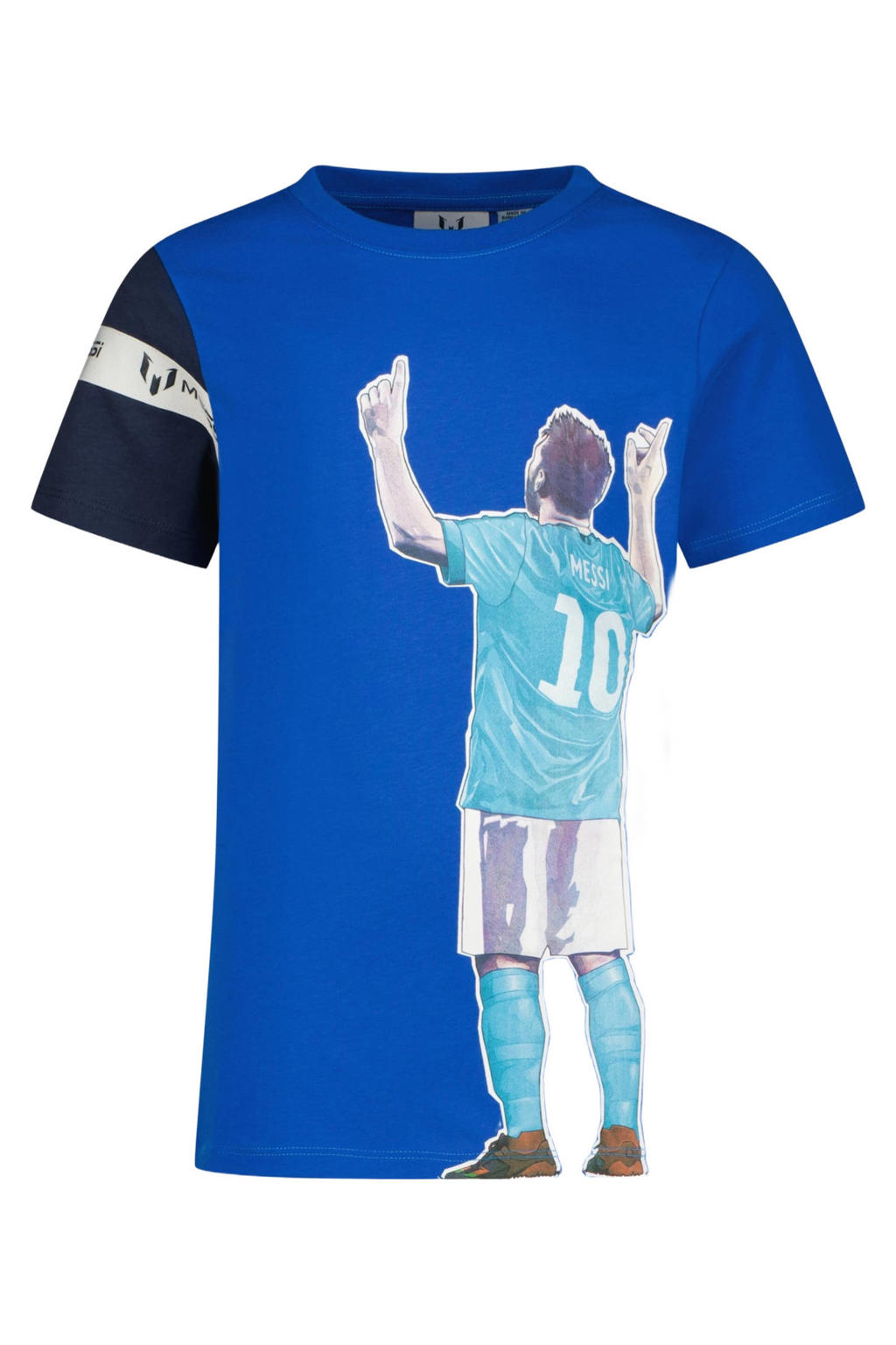 Blauwe jongens Messi T-shirt Sky van katoen met printopdruk, korte mouwen en ronde hals