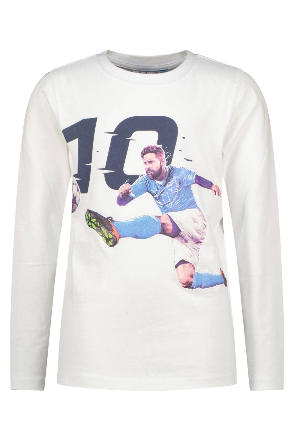 Witte jongens Messi longsleeve Goal van katoen met printopdruk, lange mouwen en ronde hals